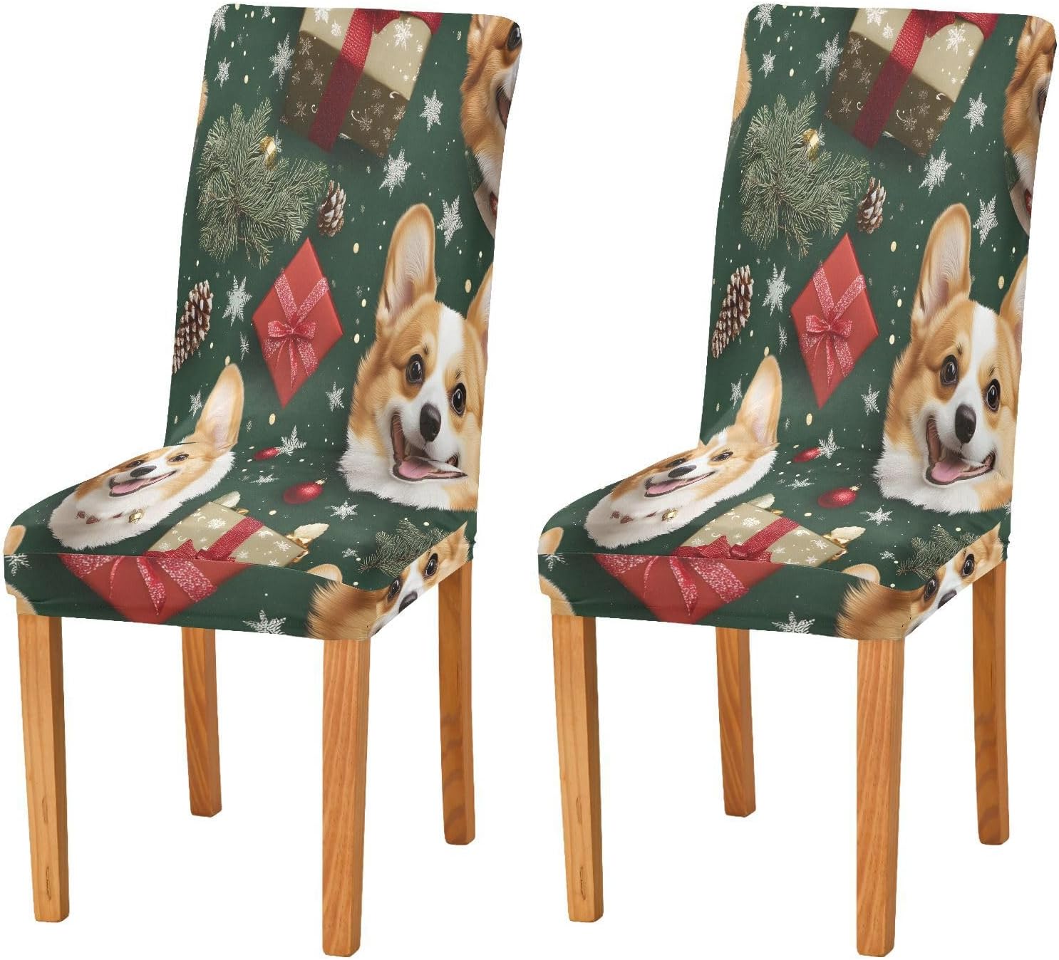 ALAZA Chair Covers for Dining Room, Christmas Corgis Pattern Stretch Chair Cover Sets Chair Protector Removable Washable for Ktichen Restaurant Hotel