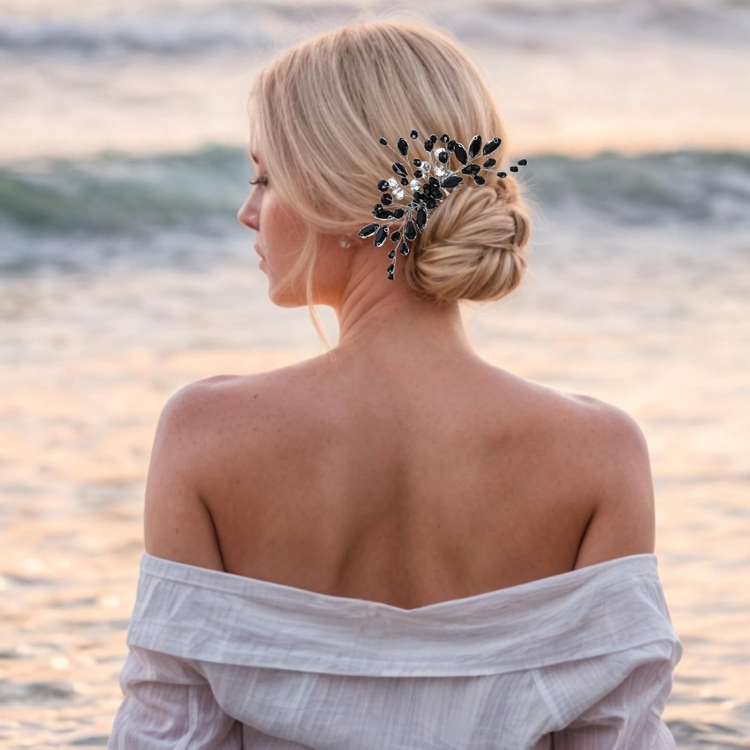 Black Teardrop Rhinestone Hair Side Comb, Vintage Rhinestone Side Comb Black Bridal Wedding Headpiece Teardrop Crystal Headpieces Side Comb Flower Headband Bridal Hair Accessory for Women - Image 5