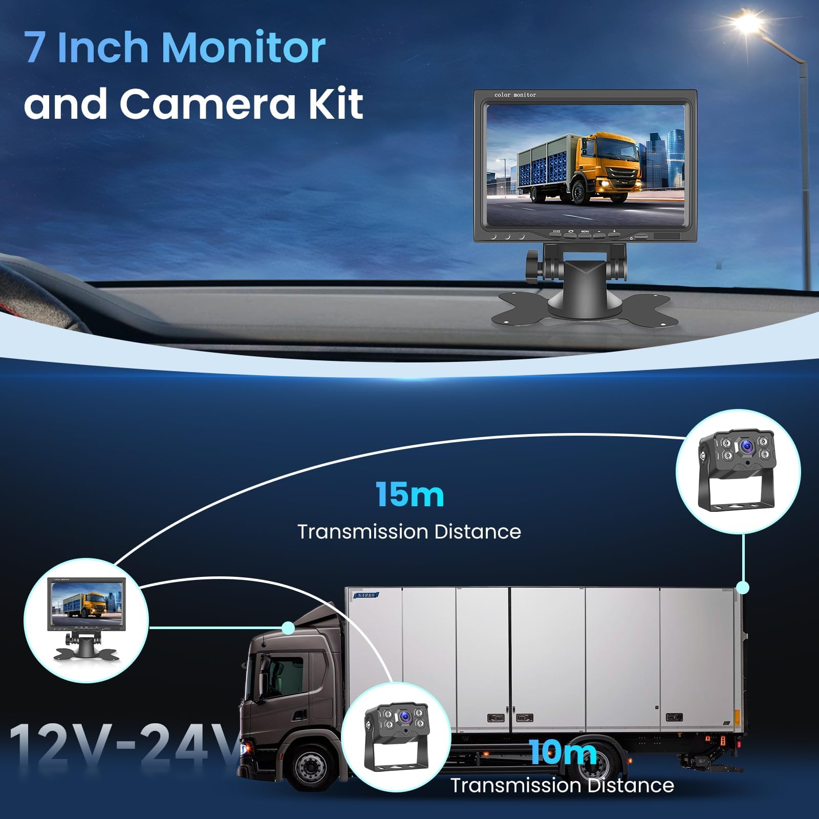 Telecamera Retromarcia HD 1080P 7 Pollici IPS Monitor 2 Camera Kit, Impermeabile IP68 IR Visione Notturna Telecamera di Retromarcia per Camion, Autobus, Furgoni, Camper, 10M cavo+15M cavo