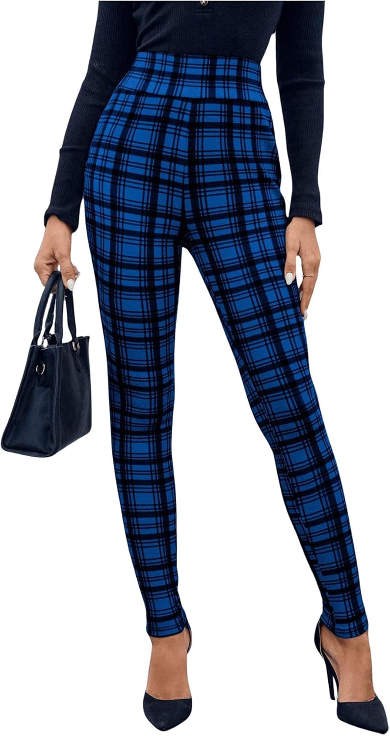 WDIRARA Women's Plaid Leggings High Waisted Skinny Pants Tummy Control Yoga Pants