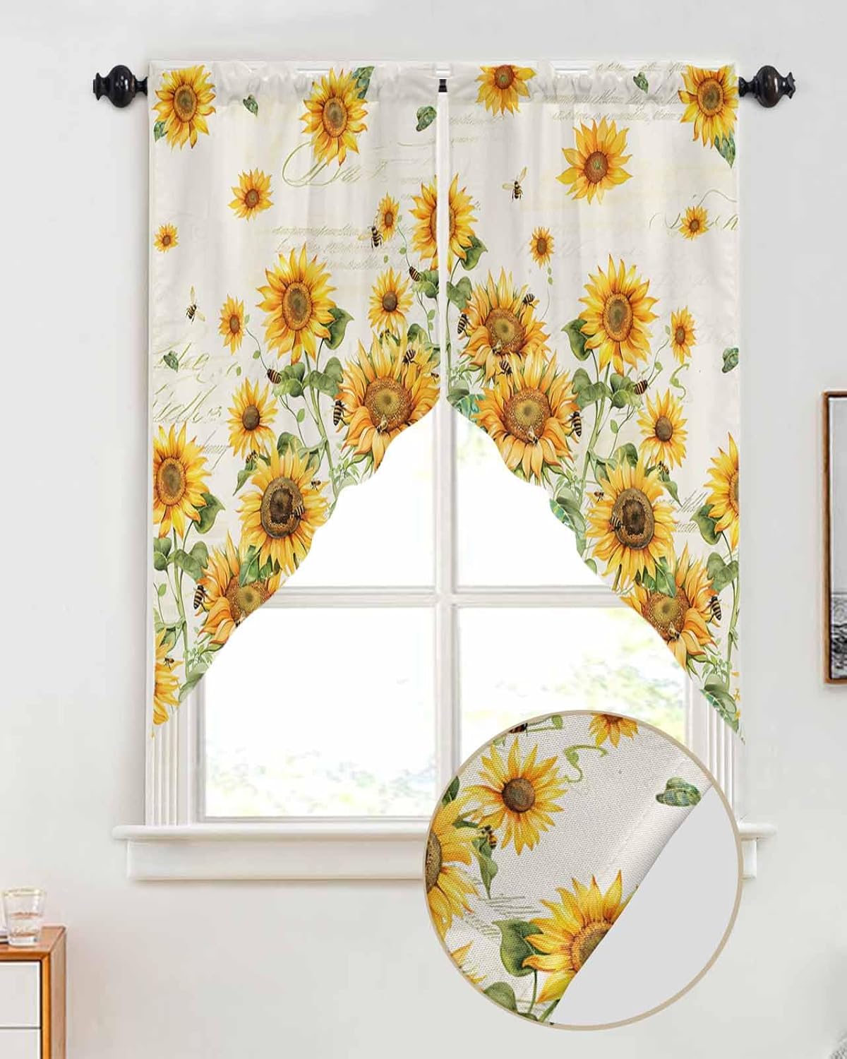 Sunflowers Swag Valances Kitchen Curtains 45 Inches Length, Yellow Botanical Floral Tier Drapes Swag Topper, Country Flowers Plants Bee Short Window Treatments for Bedroom Bathroom 2 Panels 36"x45"