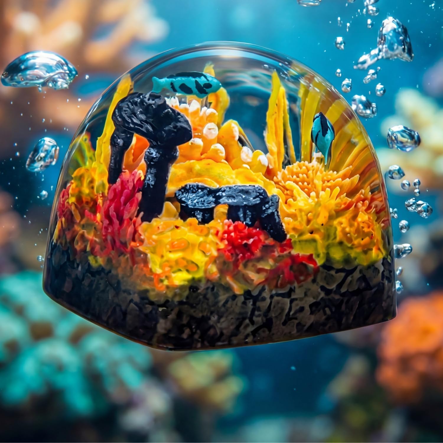 Handmade Resin Artisan Keycap – Coral Reef Ocean Theme with Sea Creatures– 1U ESC Key – Cherry MX Mechanical Keyboard Compatible – 3D Mini Aquarium Design (Coral-KeyCap-1U-2Fish-Orange)