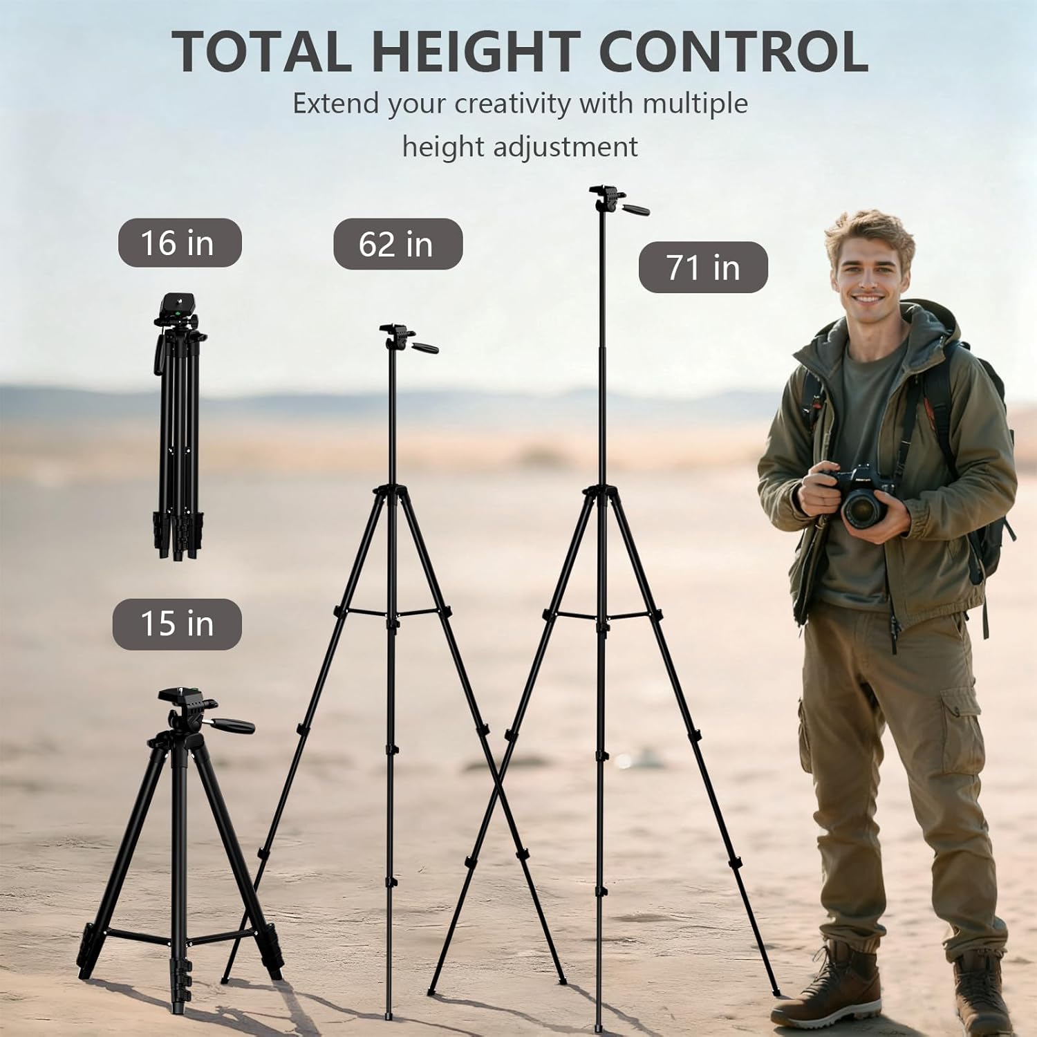 KINGJOY 71" Camera Tripod, Lightweight Aluminum Tripod for Canon Nikon Phone Tablet, with Phone Tablet Mount, Wireless Remote, Carry Bag, Max 6.6LB