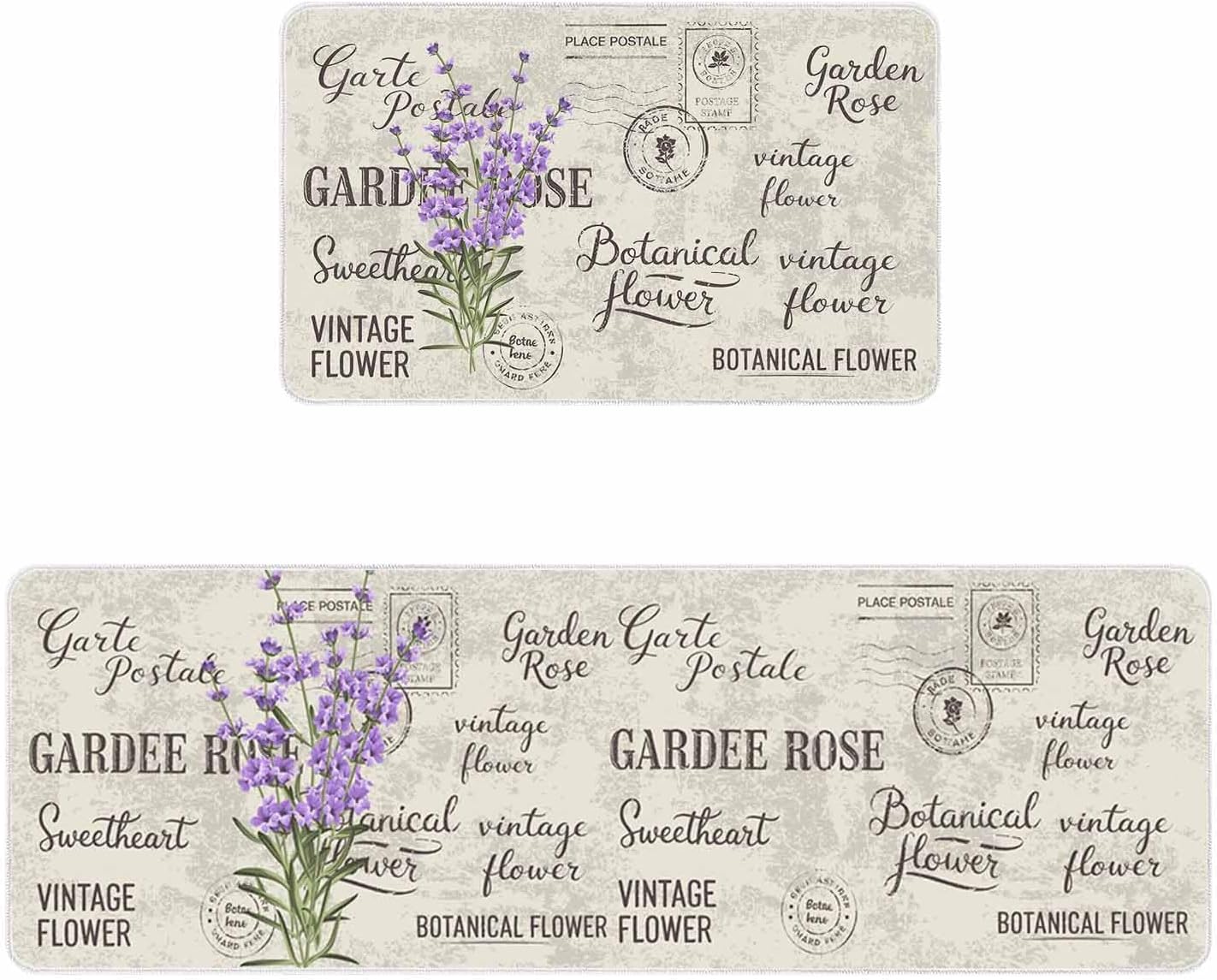 Lavender Leaves on Vintage Letter Kitchen Rug and Mat,Washable Floor Mats Standing Cushioned Set of 2,Botantical Flower Slip-Proof Doormat Runner Rugs for Indoor Bathroom Laundry Sink