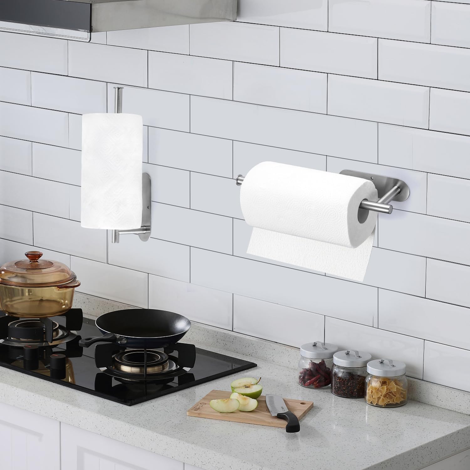 Paper Towel Holder Under Cabinet, Kitchen Paper Towel Holder Wall Mount, Self Adhesive Paper Towel Bar Under Counter Hanging Tissue Roll Dispenser for Kitchen Bathroom Organize, Sliver