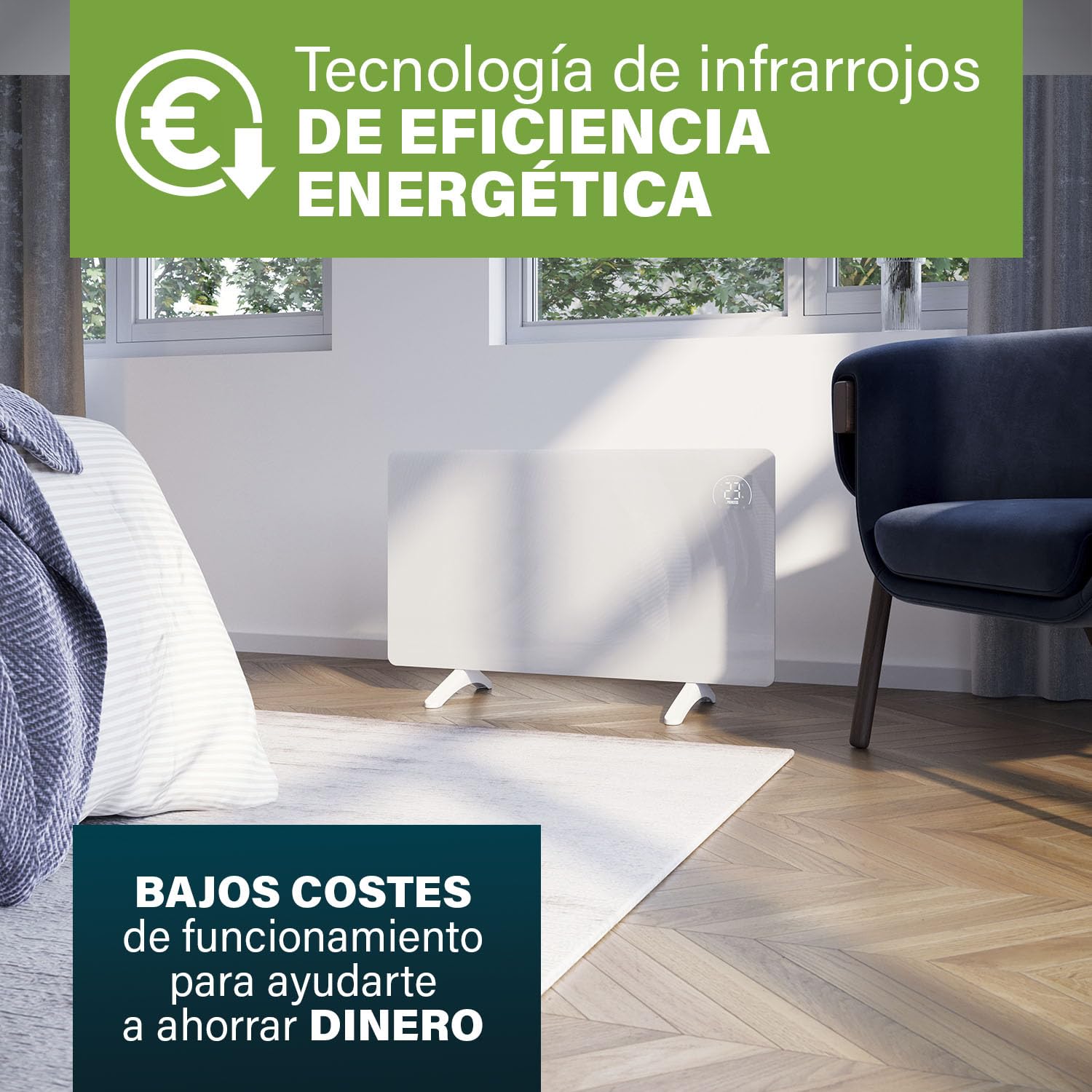 Princess Calefactor de infrarrojos inteligente - Cristal de carbono - 480 W - Termostato regulable hasta los 50 °C - Temporizador 24 h - Programación semanal - Blanco o Negro (Blanco)