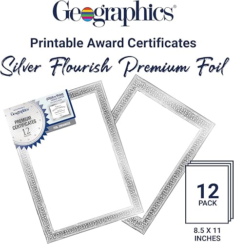 Miniatura 3 de Geographics Papel certificado de premio en blanco, 8.5 x 11 pulgadas, lámina plateada de primera calidad y diseño de borde plateado (paquete de 12)