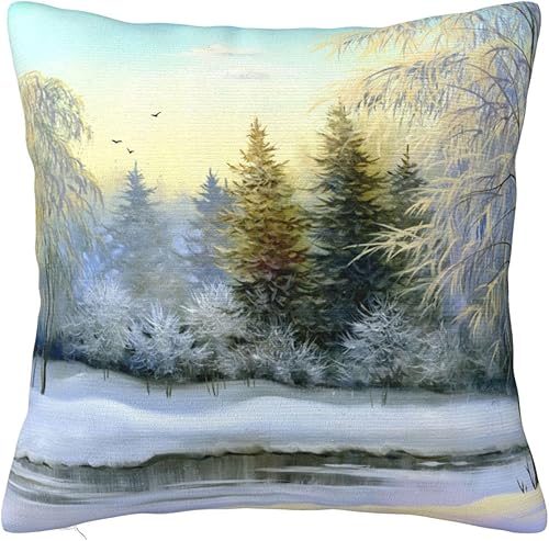 YIPOCH Fundas de almohada con río de bosque nevado de 26 x 26 pulgadas, fundas de cojín decorativas para sofá, fundas de almohada para cojines de