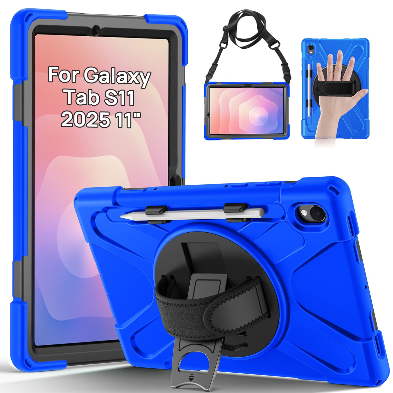 Gerutek Hülle für Samsung Galaxy Tab S11 11 Zoll 2025 (SM-X730/SM-X736), Stoßfeste Robust für Galaxy Tab S11 Hülle mit 360° Drehbar Stände/Handschlaufe Schultergurt, Case für Samsung Tab S11, Blau