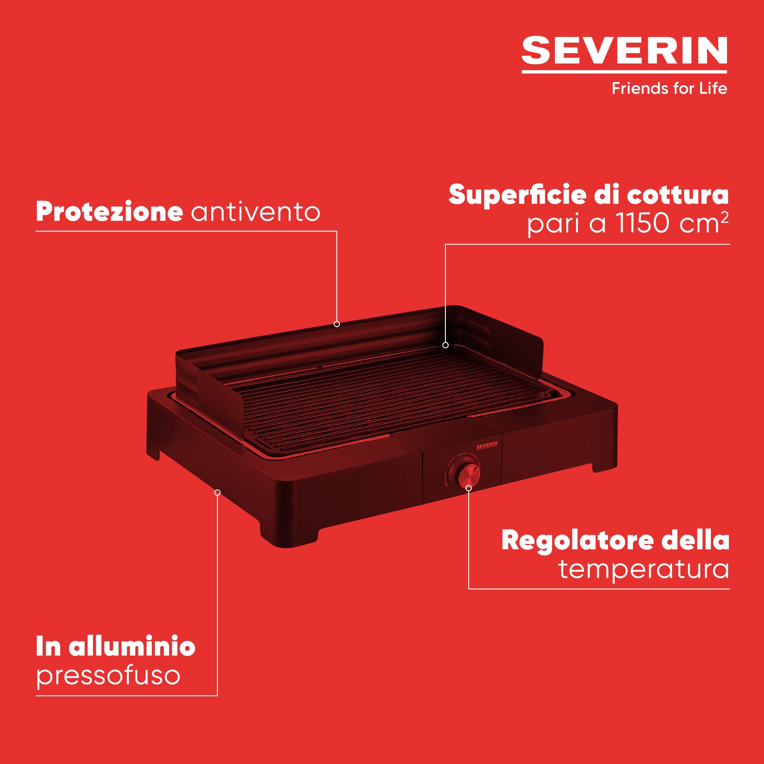 SEVERIN PG 8562 Barbecue elettrico 2200 Watt in alluminio, Grill elettrico per interni ed esterni con LED, Griglia da tavolo o balcone che non provoca fumo e odori