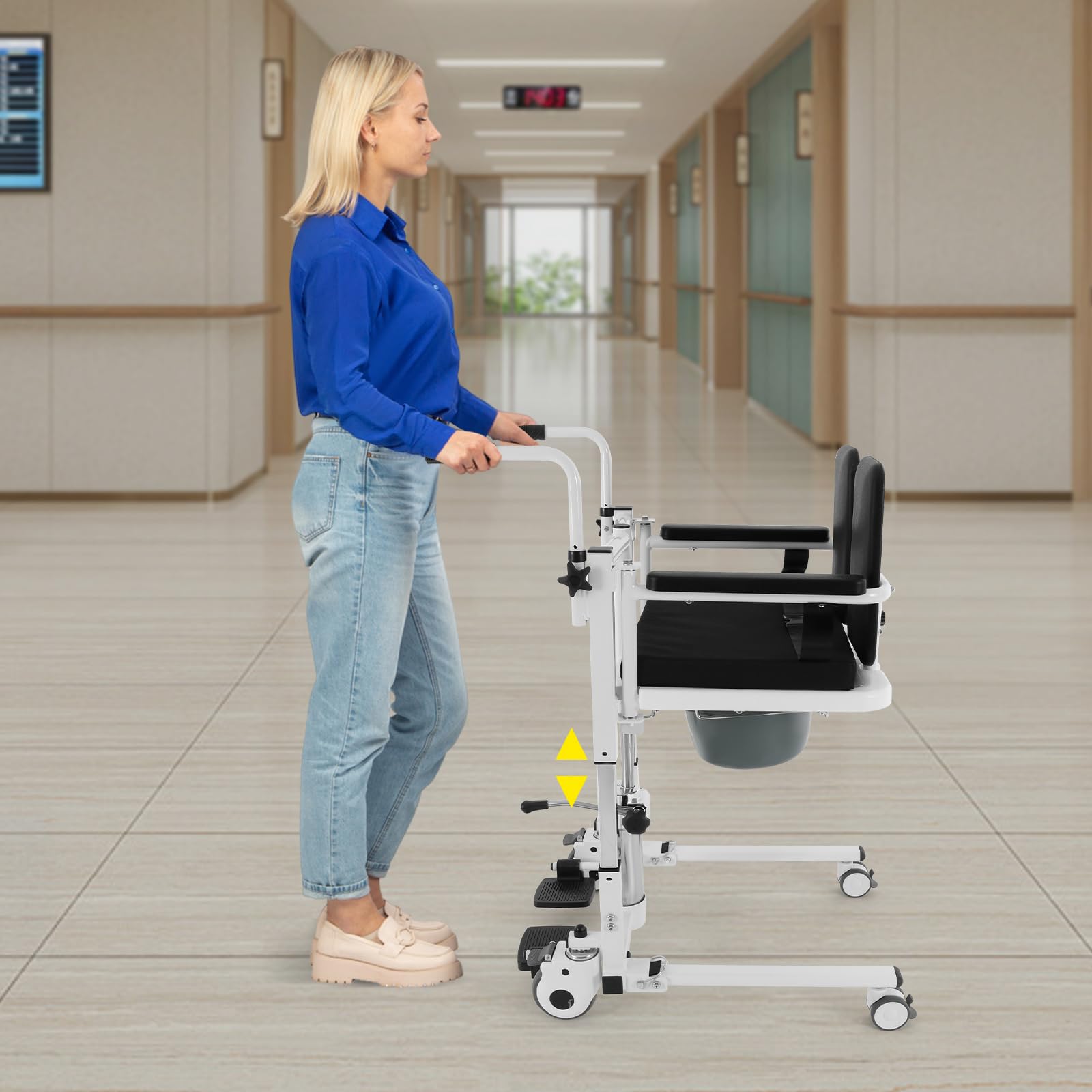 Silla elevadora de transferencia hidráulica para pacientes 4 en 1 silla de ducha de baño silla de ruedas de transporte para personas mayores y discapacitados con asiento dividido de 180° Altura de