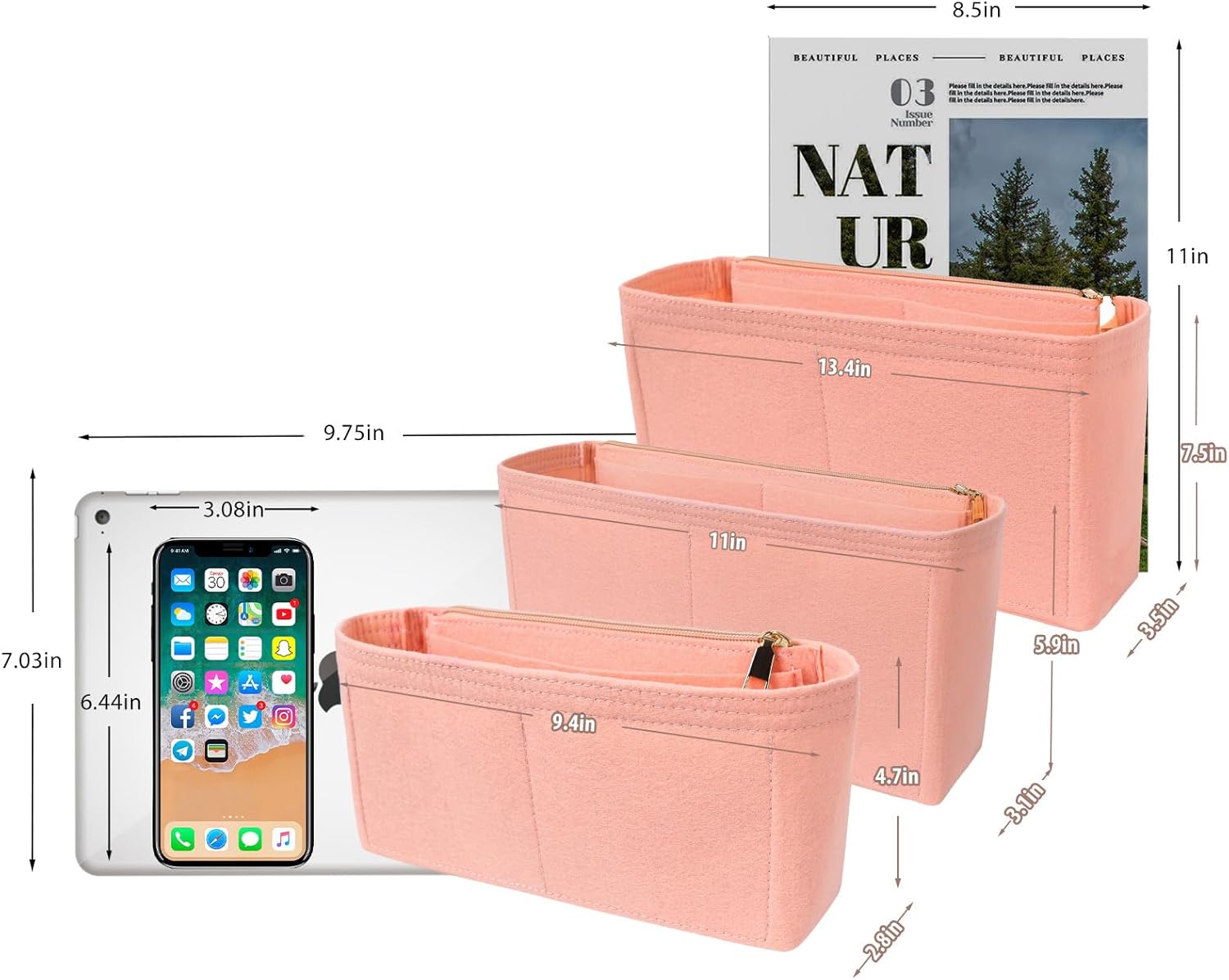 Surblue Purse Organizer Insert for Handbags, Felt Bag Organizer with Zippers Handbag Shaper Pouch for Classic 19 Flap Bag, Marmont, Onthego,（Lightpink, Slender L）