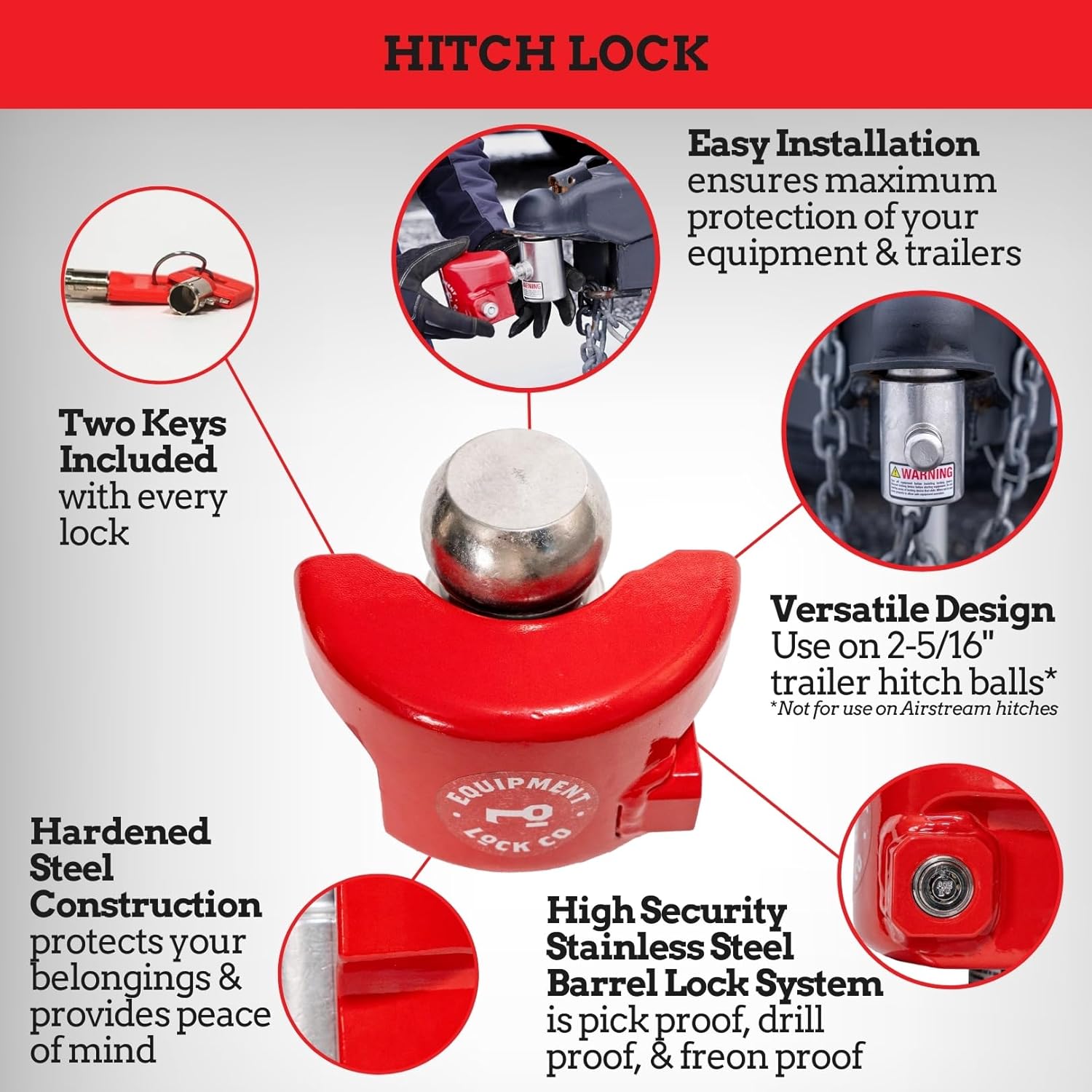 Equipment Lock Trailer Hitch Lock for 2 5/16” Ball Hitch - Hardened Steel Trailer Tongue Lock with Rust-Resistant Coating - Durable Boat, RV, Travel Trailer Coupler Lock (Keyed Differently)