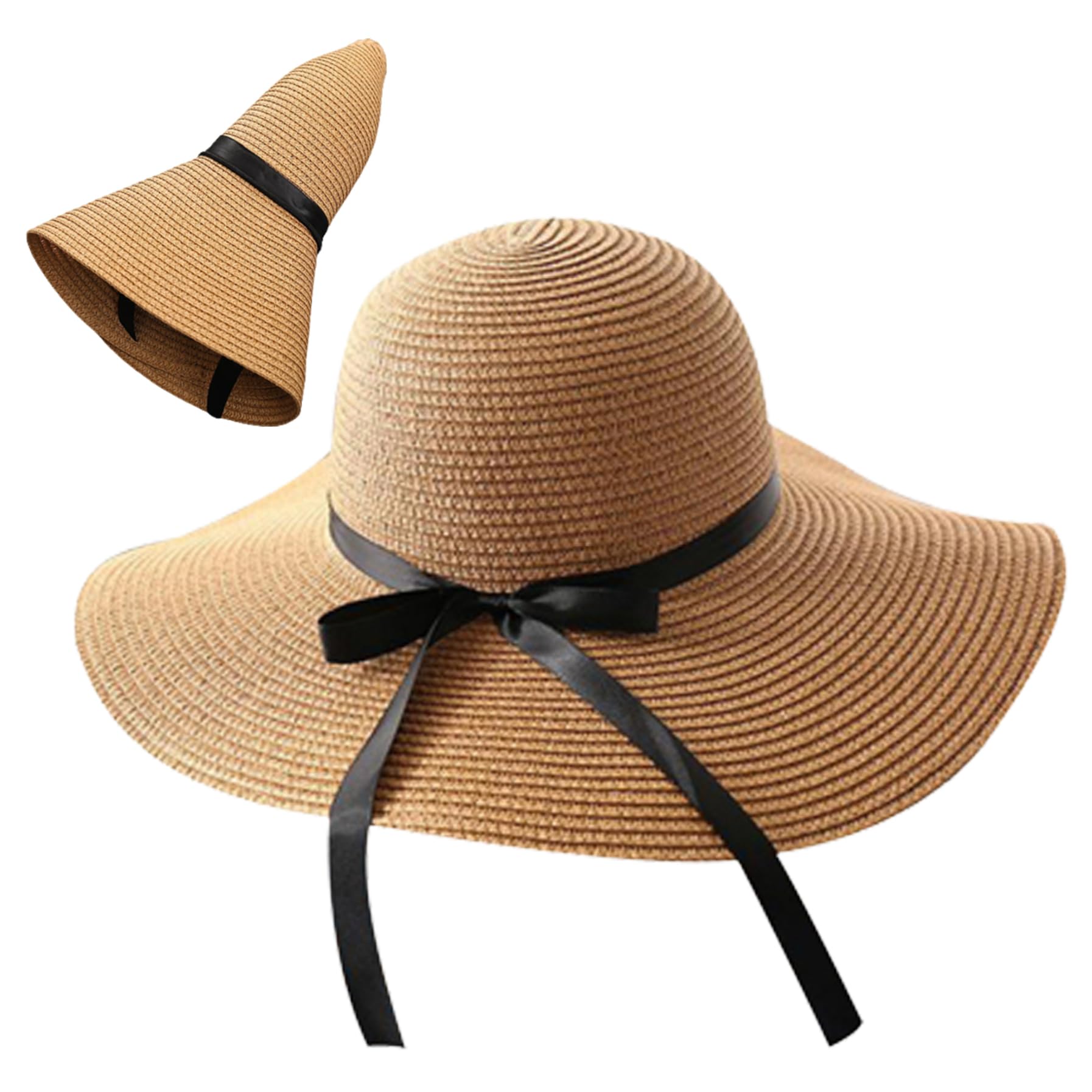Sombrero de Paja para Mujer Sombreros para el Sol Ajustables Sombrero de ala Ancha de Verano UPF 50+ Playa de Paja Plegable Enrollable para Acampar Senderismo Caqui