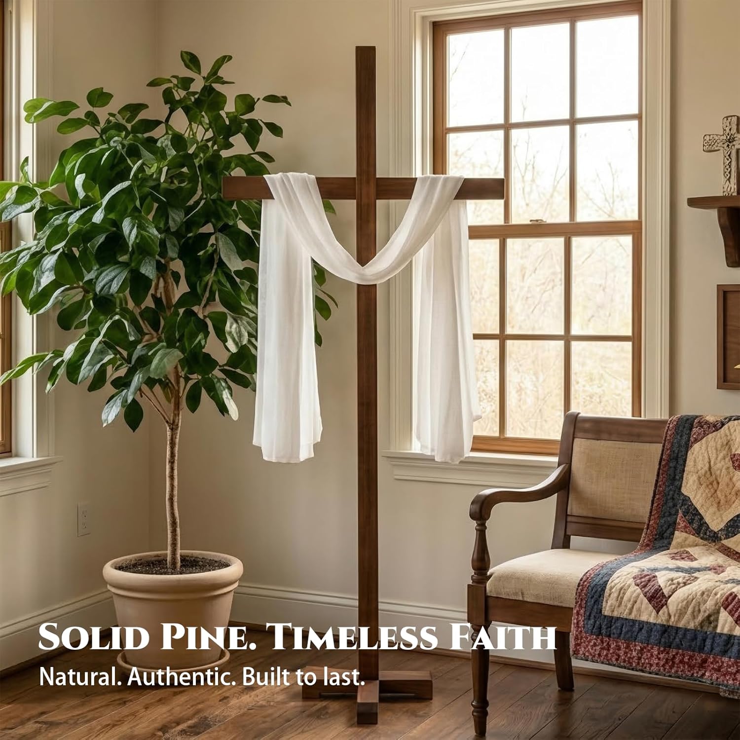 71" Extra Large Wooden Cross for Wedding Ceremony Backdrop, 6ft Handcrafted Standing Wood Cross for Indoor Home Decor, Church, Easter & Christmas, Stable Base, Natural Timber