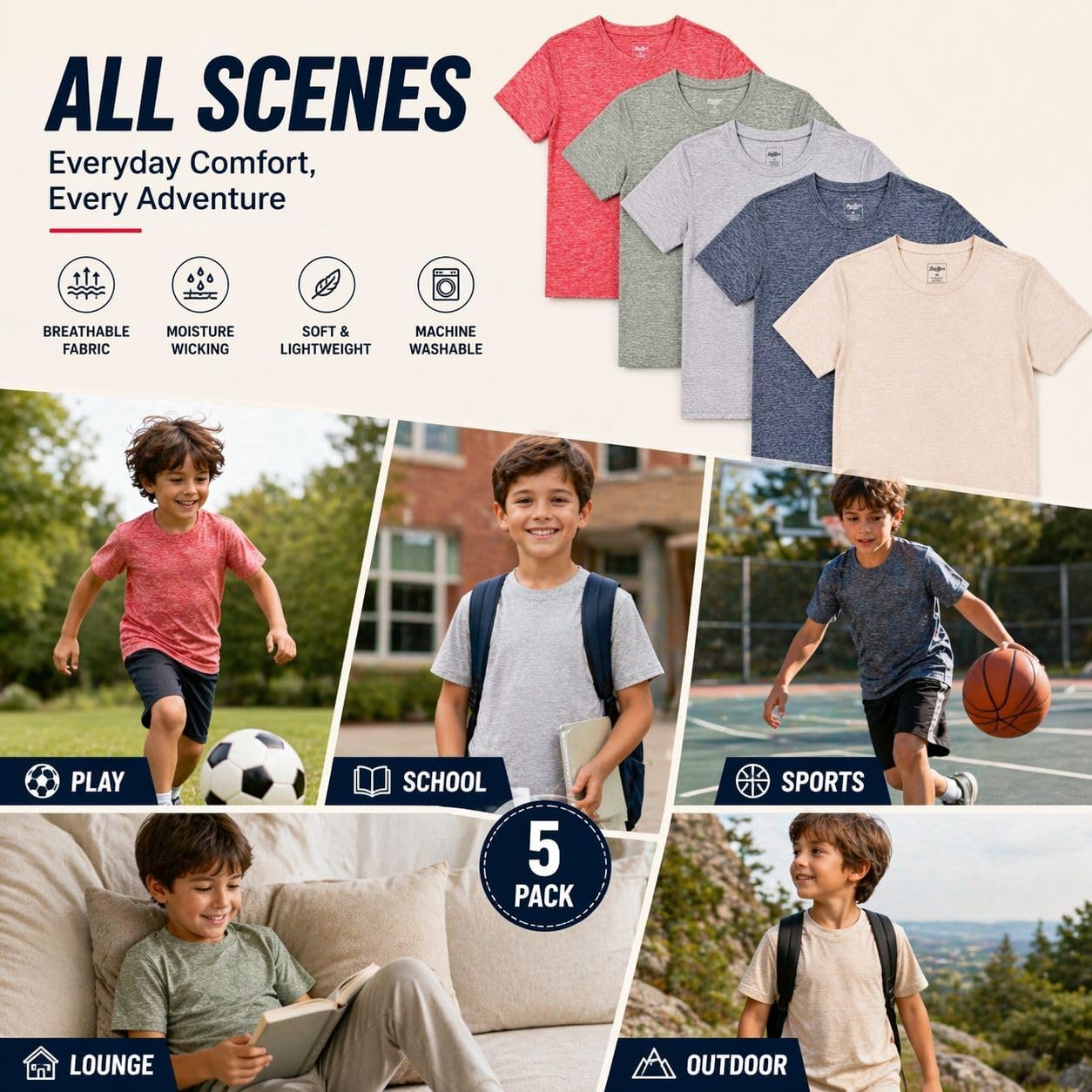 BenBen Youth Boy T Shirts Short Sleeve Moisture Wicking Performance Tees Everyday Wear Gym - 5 Pack
