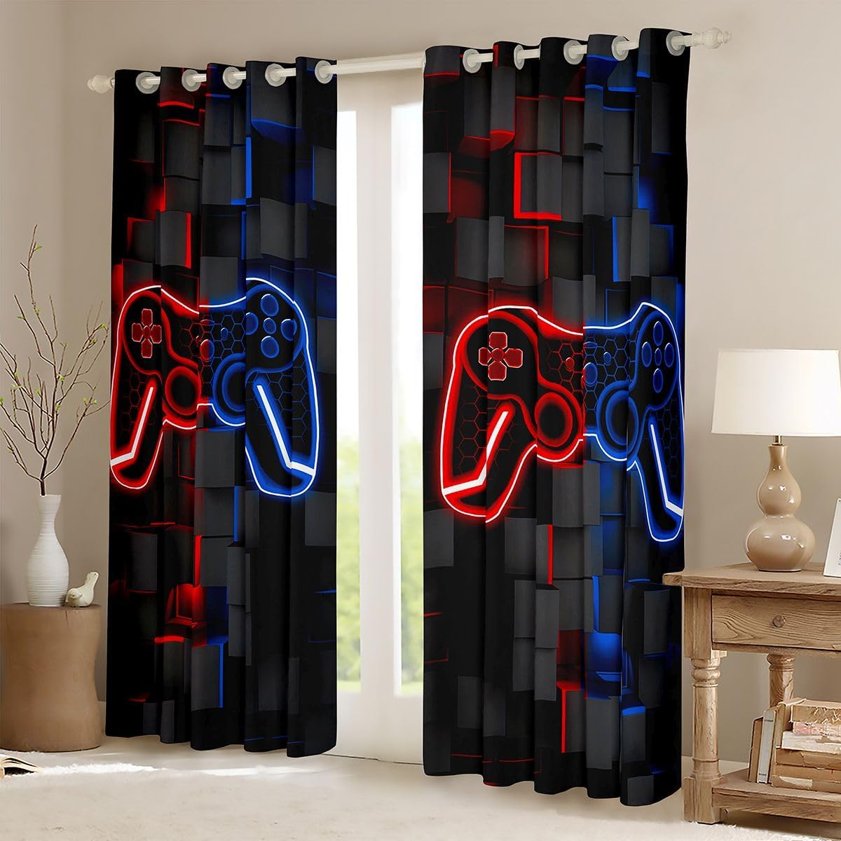 Feelyou Gamer Curtains for Bedroom Living Room Kids Boys Game Controller Blackout Curtains Gaming Gifts Darkening Drapes (2 Panels, 38 x 54 Inch) Decor Gaming Red Blue Black Window Treatments