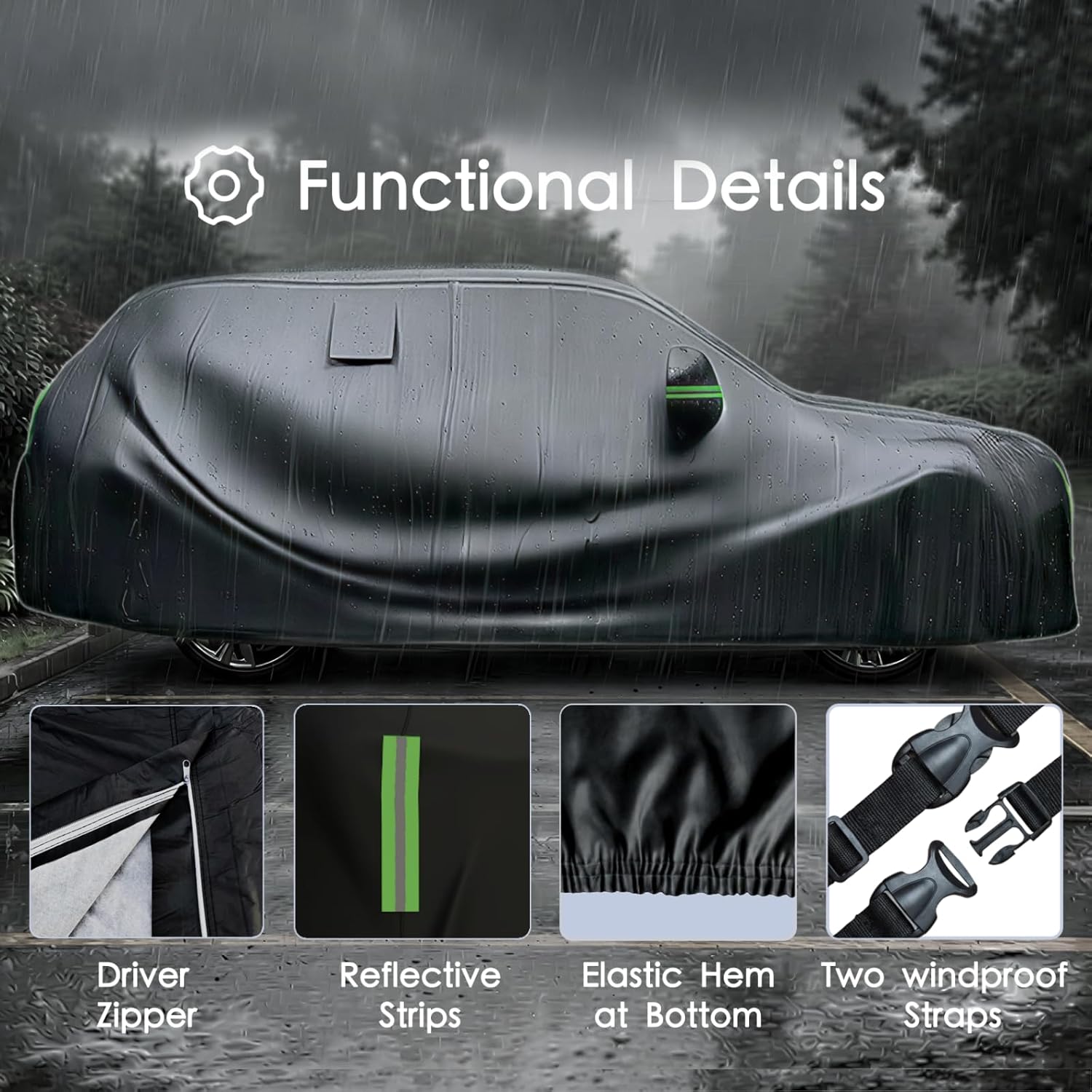 Car Cover Waterproof All Weather 10 Layers Full Car Cover Universal 210T Heavy Duty for Rain Sun UV Protection with Door Zipper and Air Vent. (Black PU Oxford Fabric, Fits SUVs up to 190")