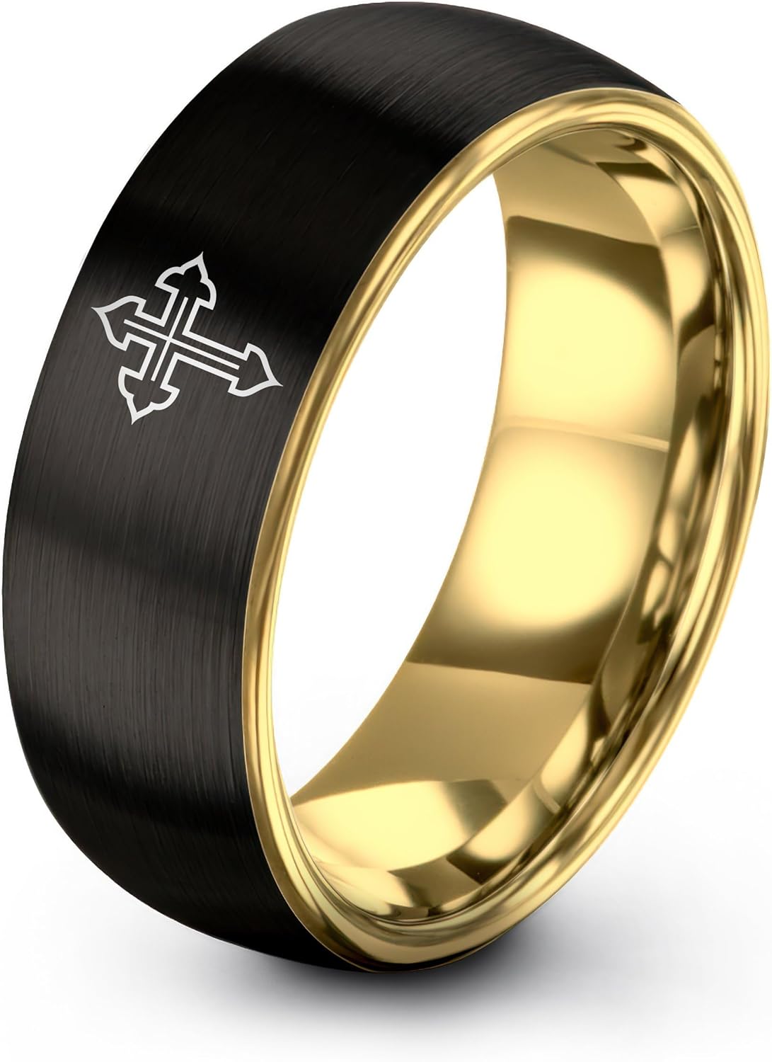 Gift for Nautical Faith Fan - Mariner Cross Ring - 8mm - Anniversary Wedding - Men Women - Band - Yellow Gold Black Silver Blue - Flat Dome Bevel - Personalized Custom Engraving - Tungsten - Brushed P