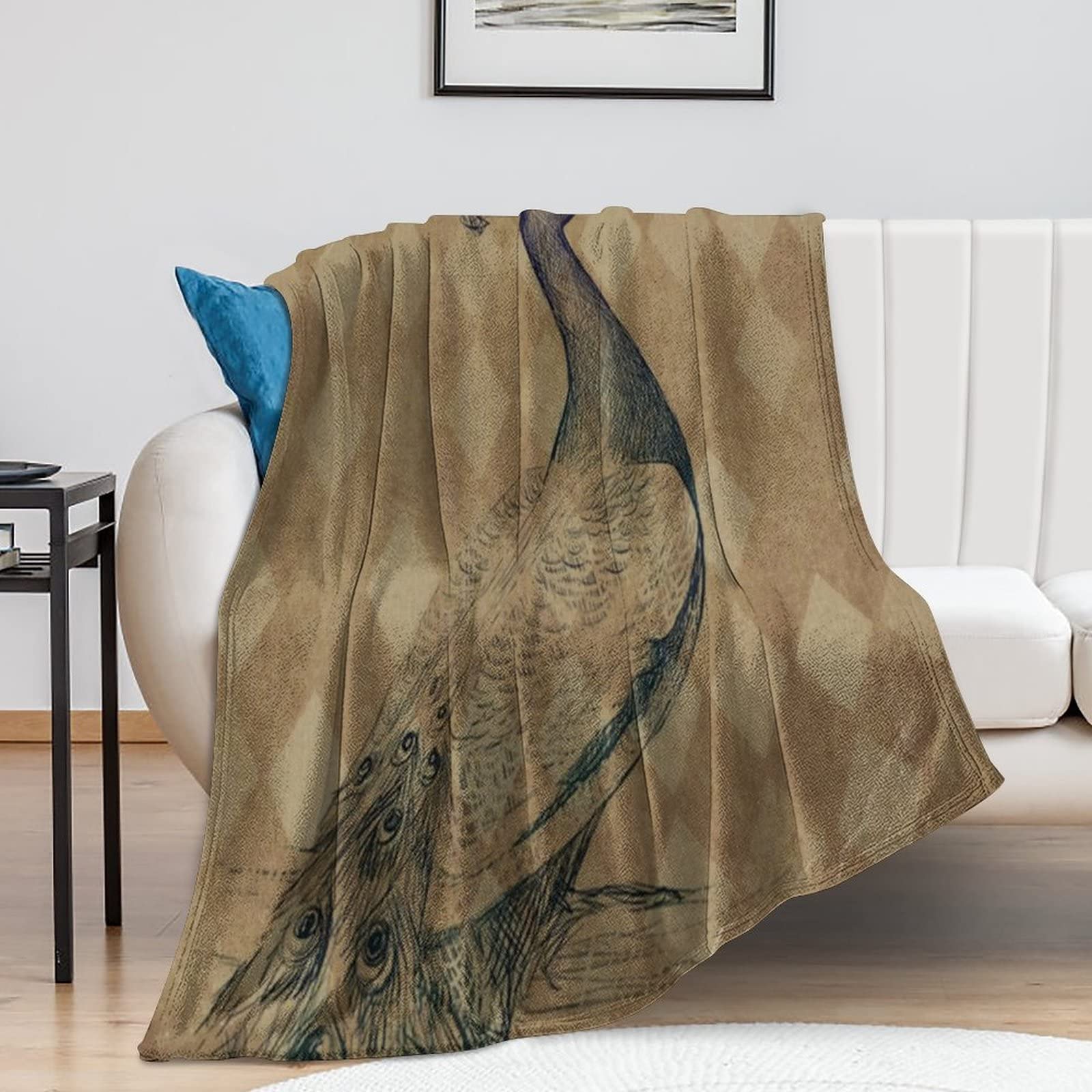 Couverture paon mi-siècle douce 127x152 cm pour lit et canapé