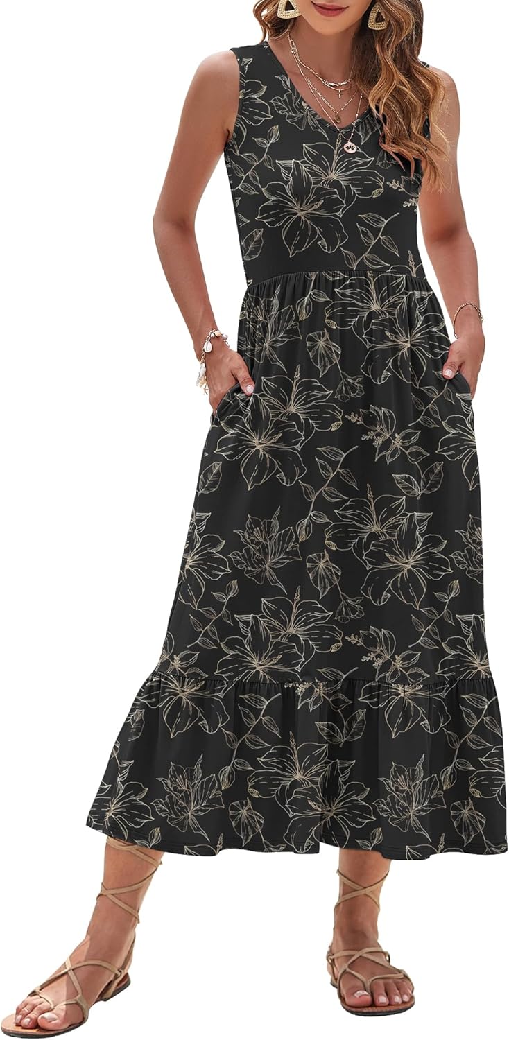 AUSELILY Womens Maxi Dress 2026 Sleeveless Summer Dresses V Neck Casual Tiered Sundresses with Pockets