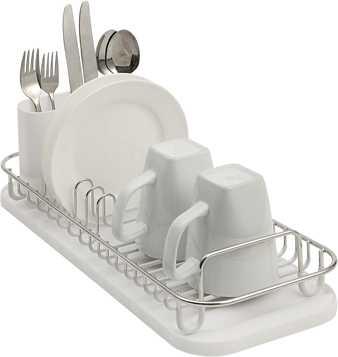 Escurridor de platos compacto NeverRust de acero inoxidable 304 con soporte para utensilios y bandeja de drenaje extraíble, escurridor de platos pequeño inoxidable para encimera de cocina o sobre fregadero (plateado metálico, compacto)