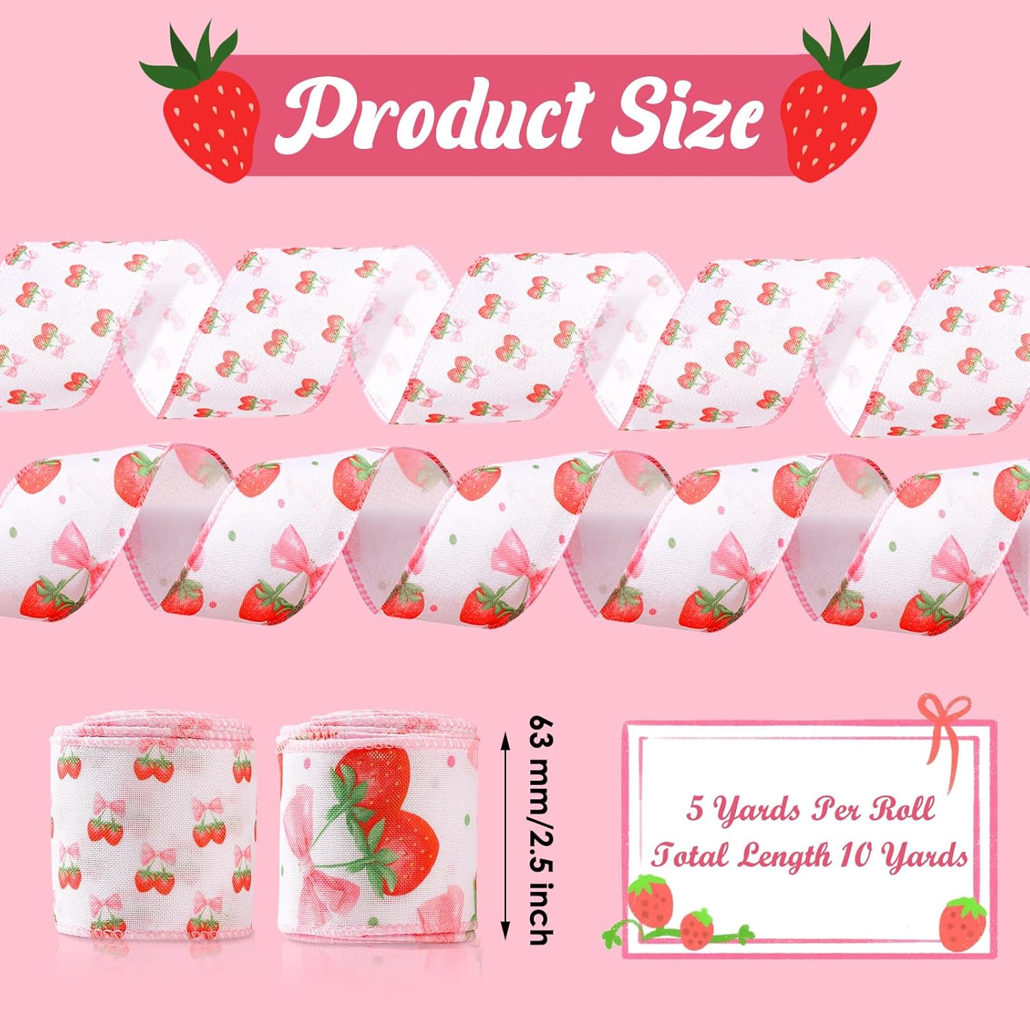 2 Rolls 10 Yards Strawberry Bow Wired Edge Ribbon 2.5 Inch Pink Red Coquette Craft Ribbon Summer Fruit Fabric Ribbon for Gift Wrapping DIY Wreath Bow Girls Party Baby Shower Decoration - Image 2