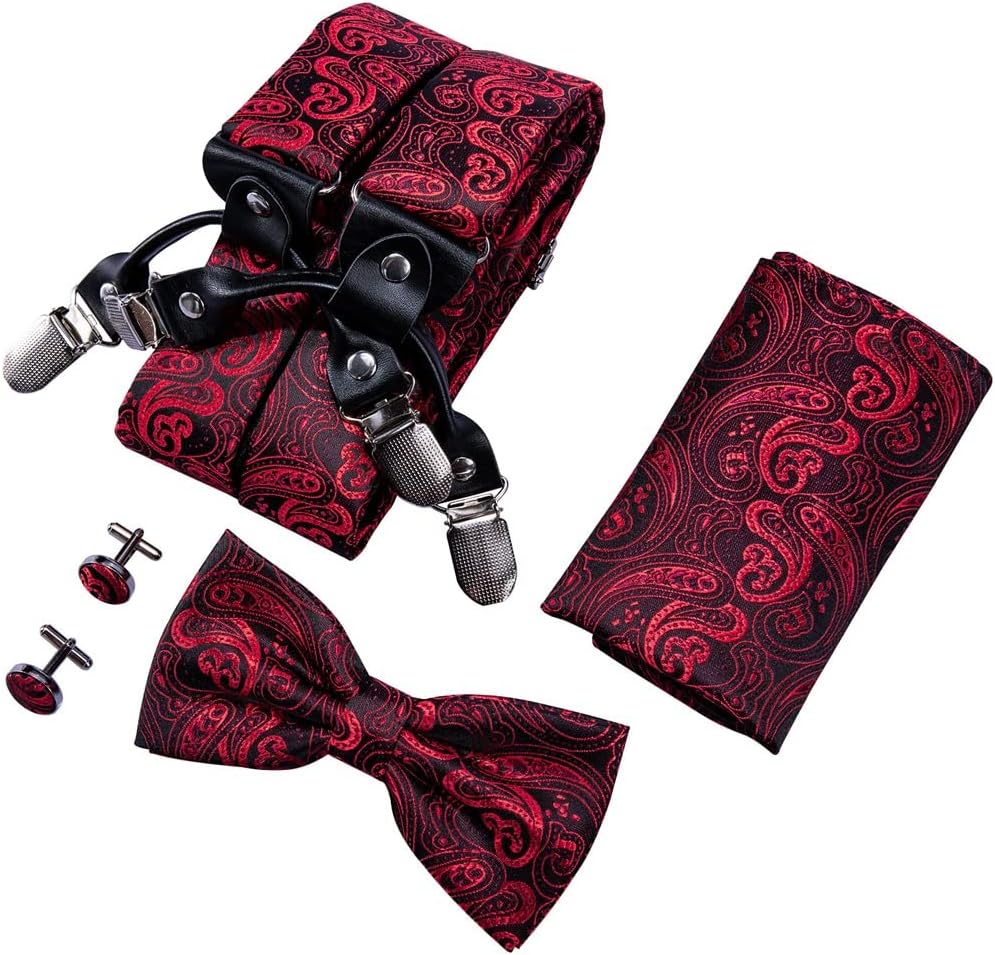 Suspender for Men Silk Bowtie Set Cufflinks Elastic Wedding 6 Clips Bow Tie for Party