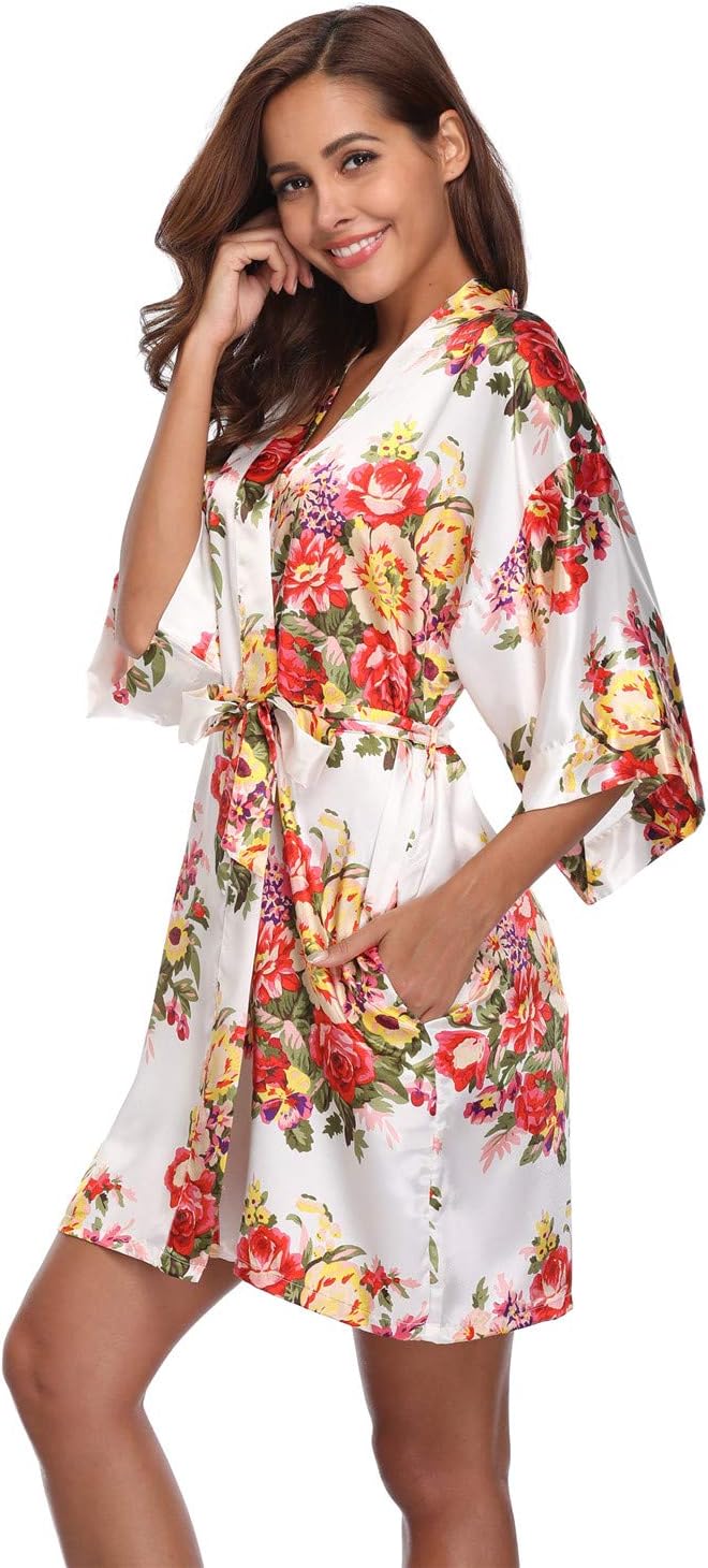 Super Shopping-zoneWomen's Floral Satin Kimono Robes Short Bridesmaid Robes for Wedding Party