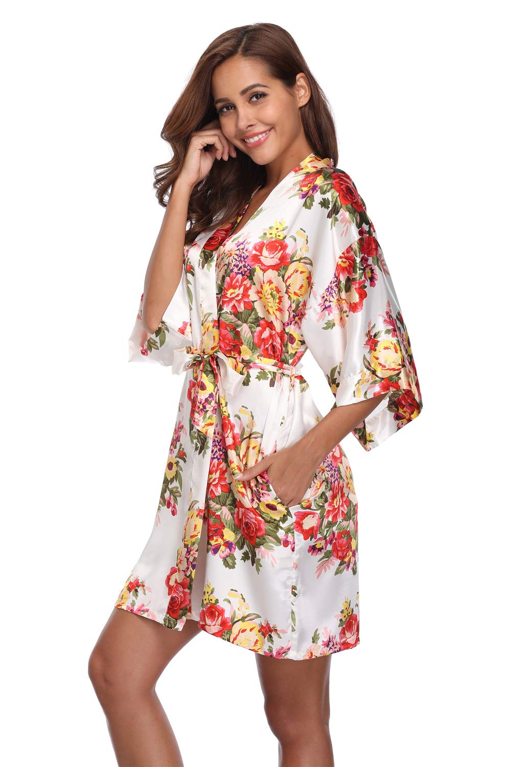 Super Shopping-zoneWomen's Floral Satin Kimono Robes Short Bridesmaid Robes for Wedding Party