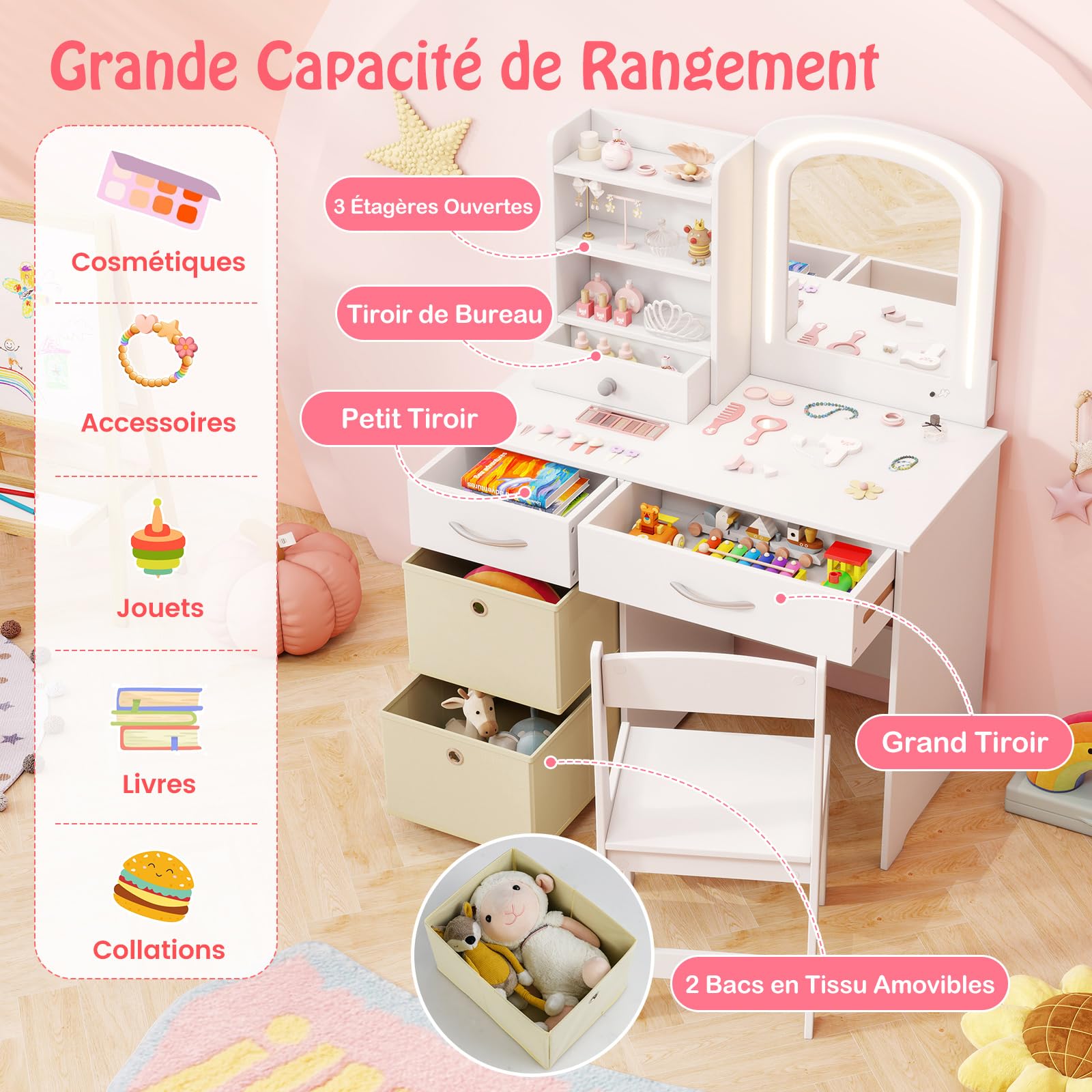 COSTWAY Coiffeuse Enfant Fille avec Chaise & Miroir Lumineux, Bureau Enfant Fille avec 3 Étagères & 3 Tiroirs & 2 Bacs en Tissu, Dispositif Anti-basculement, Charge 50/75kg pour Enfant de 3 Ans+