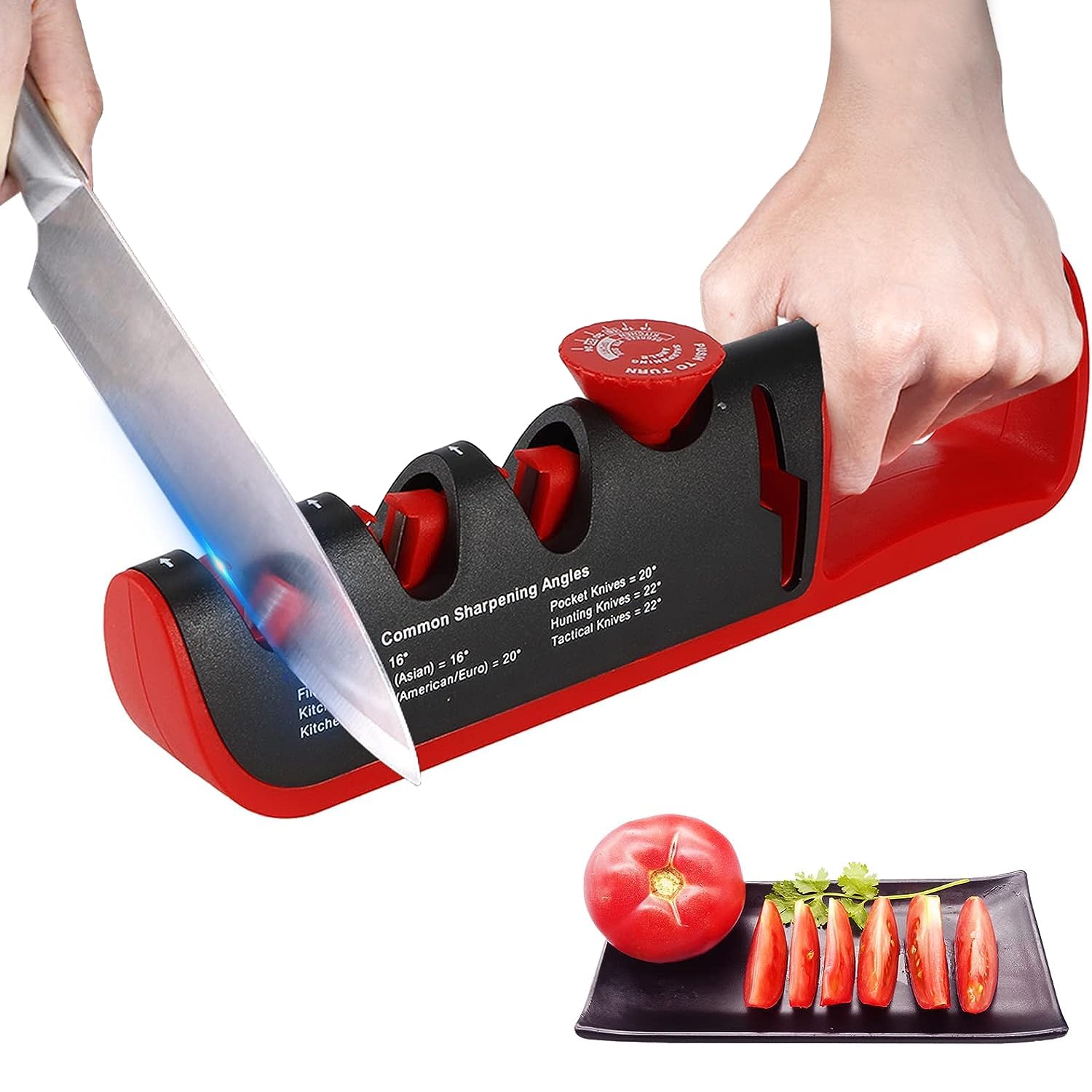Affilacoltelli Professionale, 4 in 1 Affilacoltelli Manuale con Manopola ad Angolo Regolabile e con Base Antiscivolo, per Affilare Coltelli da Cucina, Forbici ect