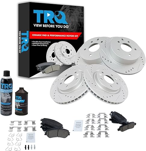 TRQ Pastilla de freno de cerámica delantera y trasera y kit de rotor de rendimiento con productos químicos