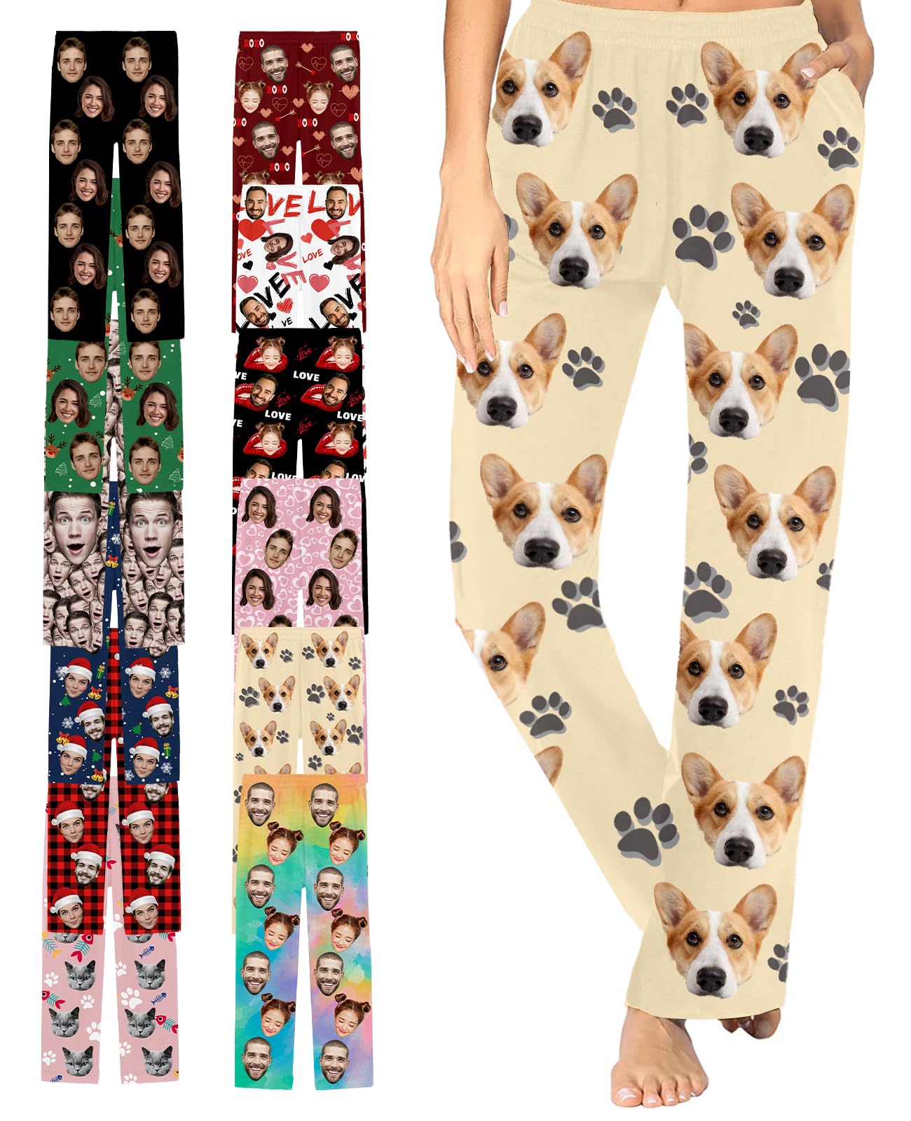 FadaceCustom Pajama Pants with Photo Personalized Pajama Bottoms for Men Women Pet Face Sleep Pants with Pocket Christmas Valentine