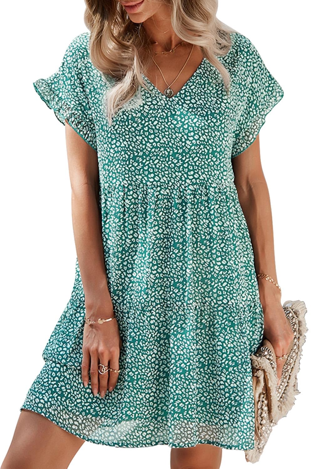 Yutdeng Vestido Mujer Holgado Vestido Verano Mujer Casual Bohemia Vestido Playa Mujer Gasa Cuello en V Vestidos Verano Mujer Manga Corta Volantes Boho Estampado Floral Vacaciones Chiffon Chic Informal