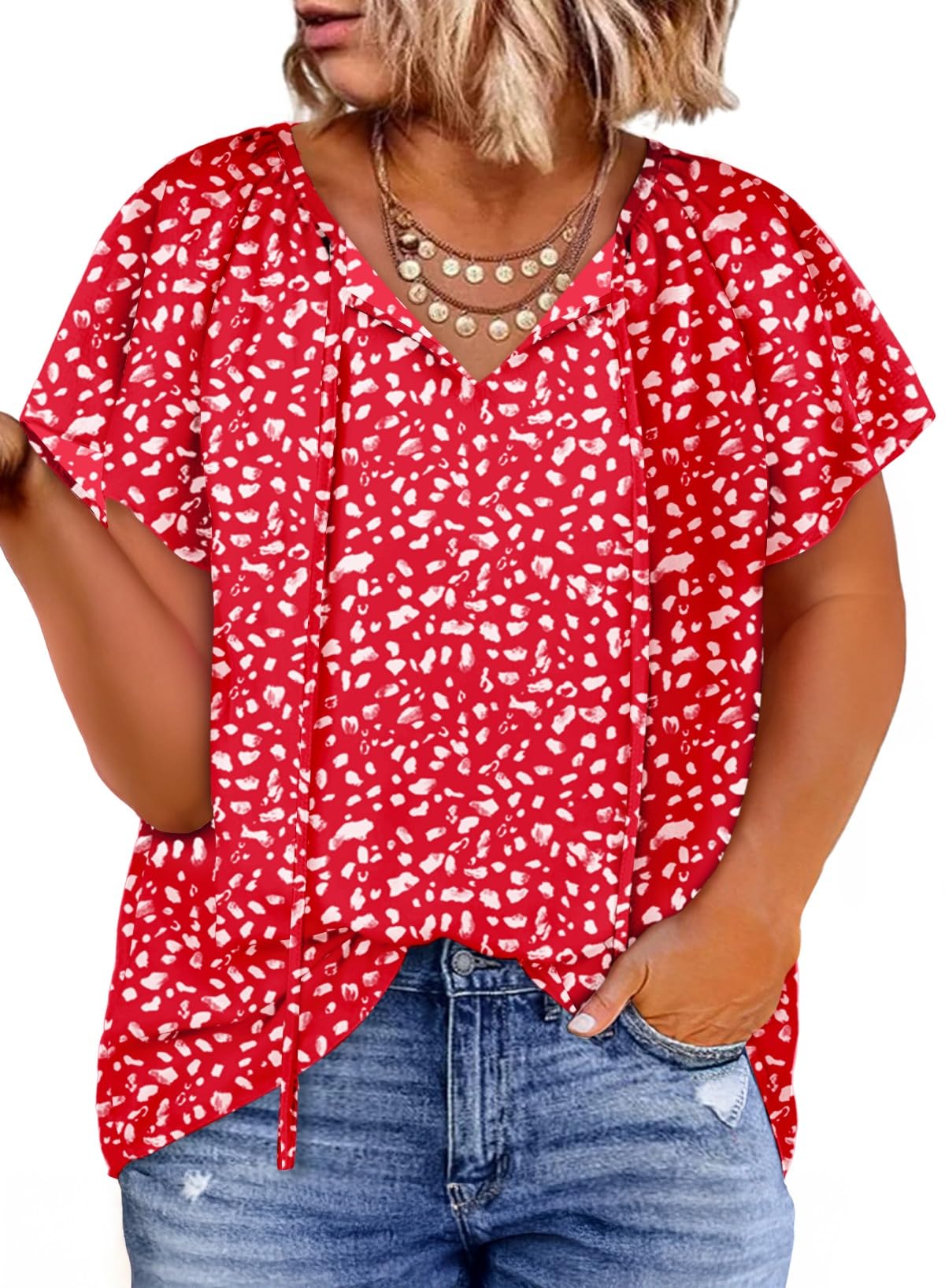 Eytino Women Plus Size Tops Boho Printed V Neck Short Sleeve Drawstring Casual Chiffon Shirts Blouse(1X-5X)