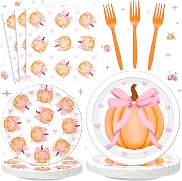 Havawish 96 Pcs Thanksgiving Party Decoration Friendsgiving Pink Bow Pumpkin Paper Plates Pink Baby Shower Party Supply for 24 Guest Coquette Birthday Wedding Tableware A Little Pumpkin Is on the Way