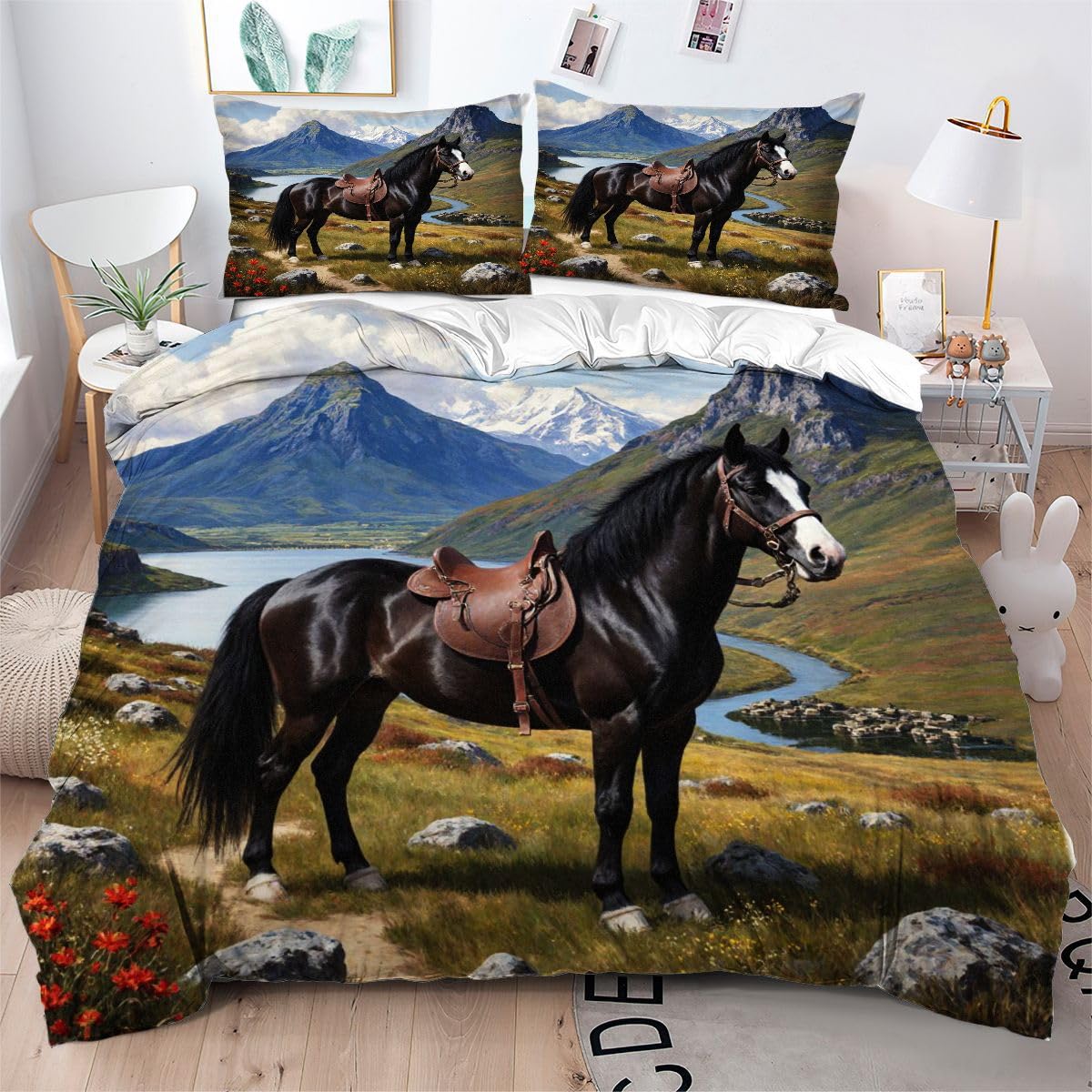 Housse de couette zippée 200x200 motif cheval pour changer son lit facilement