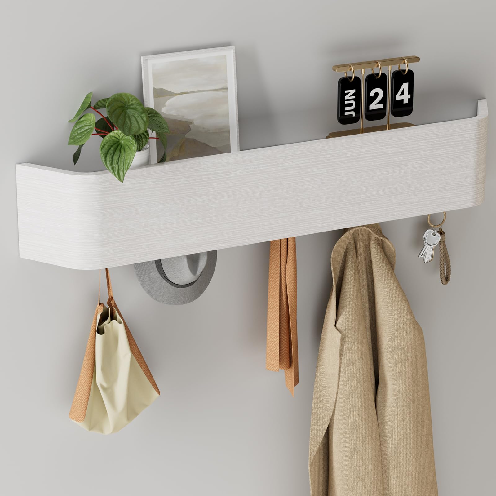 Huracan Wandgarderobe Modern Design 57cm, Eiche Garderobenleiste mit Verdeckten Haken, Holz Garderobe Kleiderstange Garderobenhaken für Flur, Schlafzimmer & Eingang, Wandmontage Platzsparend, Weiß Küche, Haushalt & Wohnen