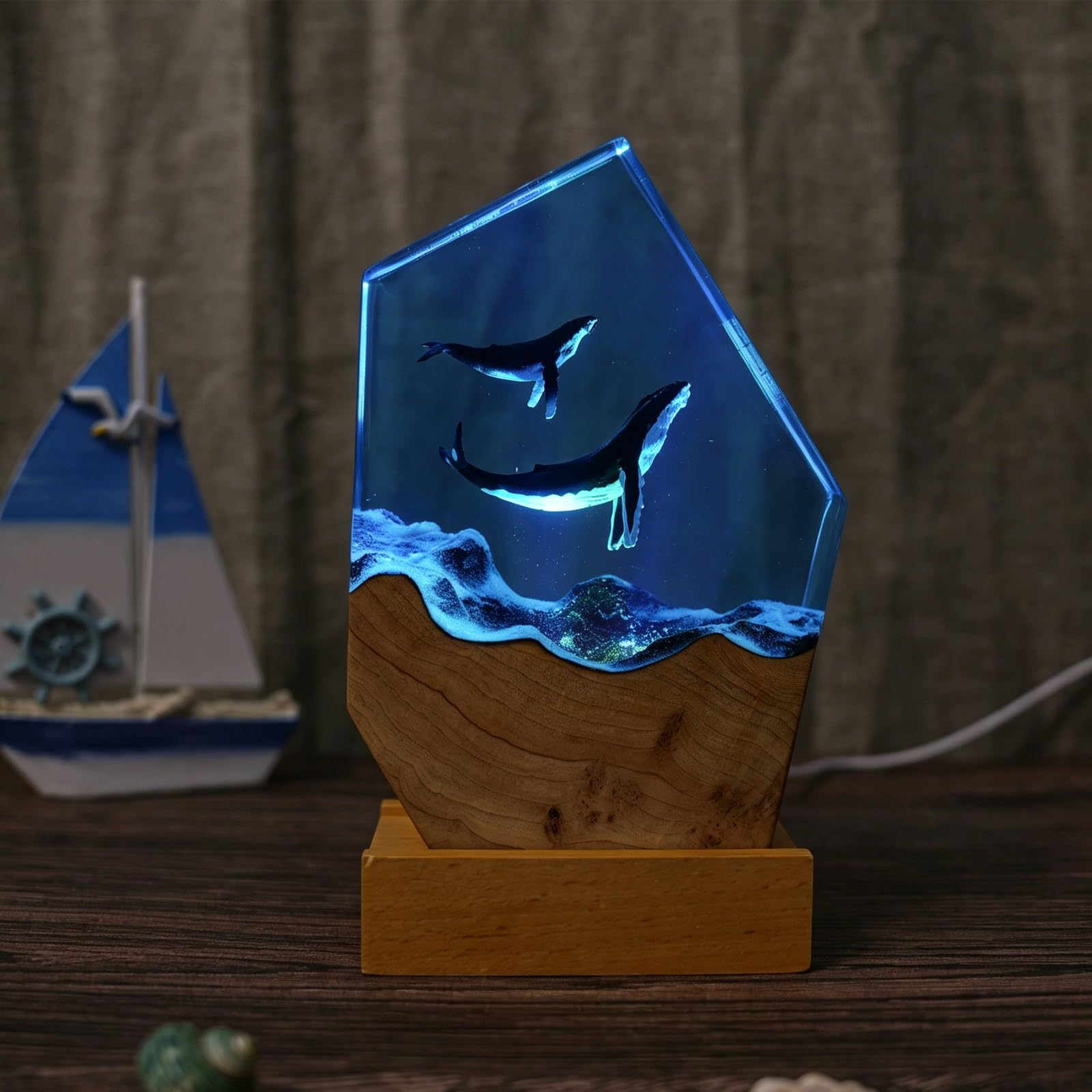 FGJtguE Woods lamp, with Multiple Marine Themes,Handcrafted Epoxy Wood Night Light for Desk Decor,Birthday Lovers(A)