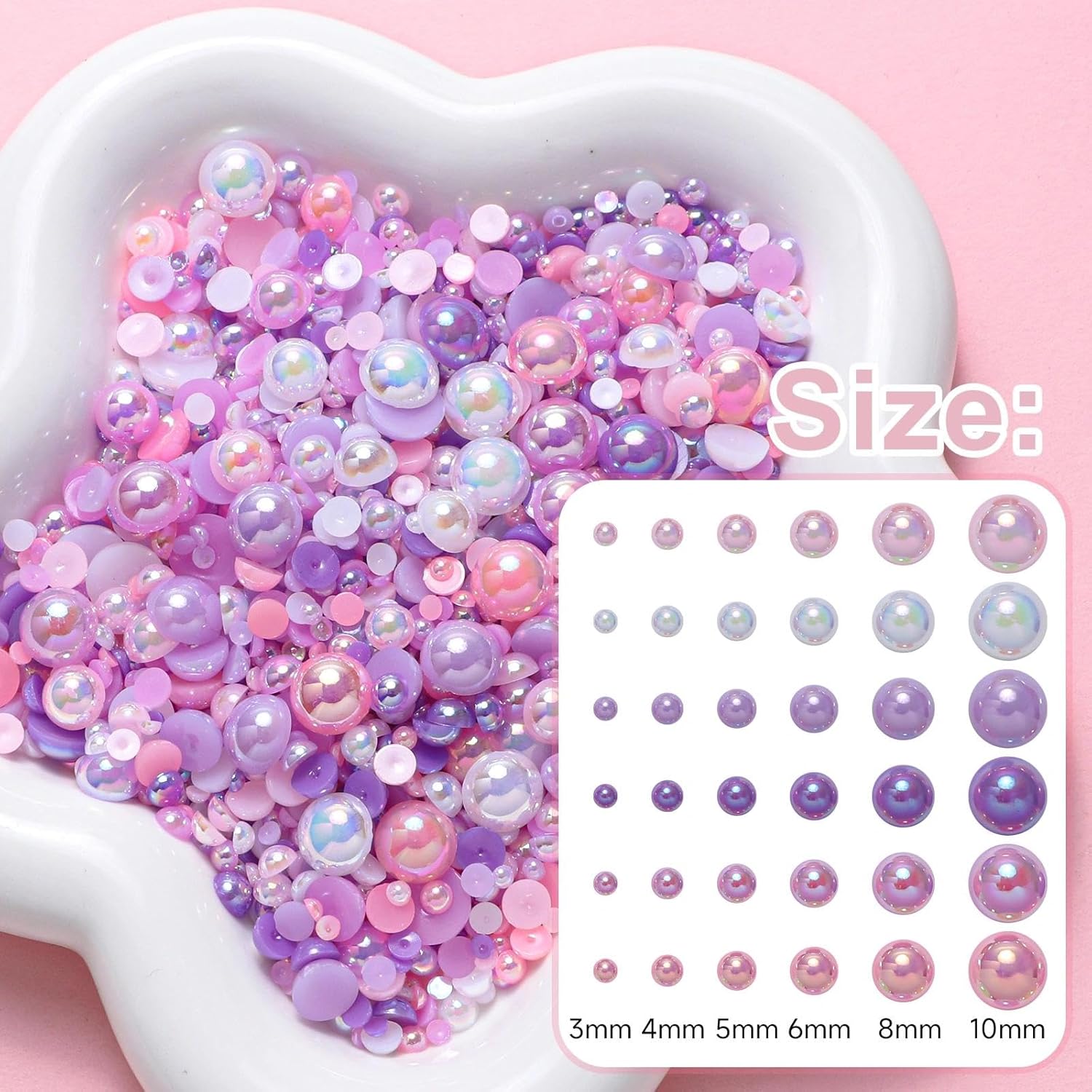 Flatback Pearls for Crafting, 60g Mixed Pink Purple White Nail Half Pearls and Gems, 3/4/5/6/8/10mm Half Round ABS Flatback Pearl Gems Bedazzling for Nails DIY Shoes Clothes Bags - Image 2