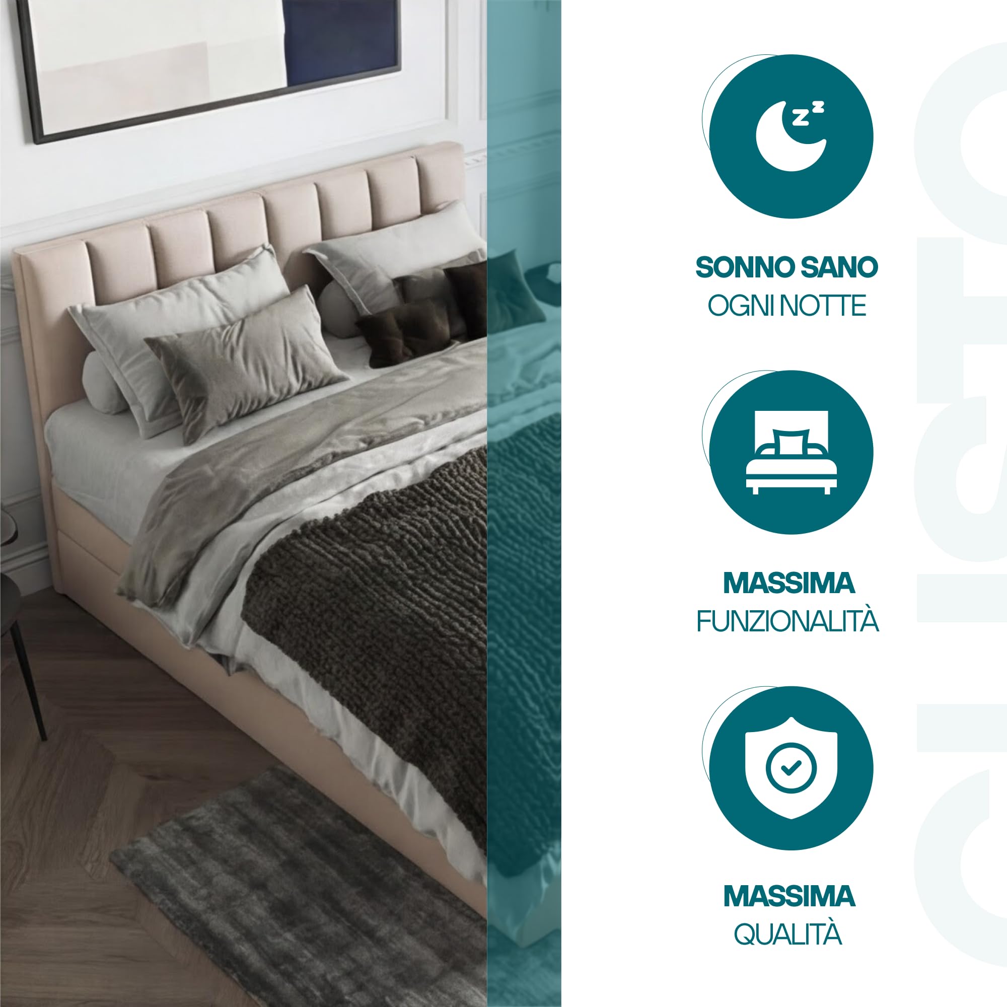 TRADA Letto Contenitore Matrimoniale con Contenitori e Materasso - Letto GUSTO con Topper In Memory Visco - Beige - 160 x 200 cm