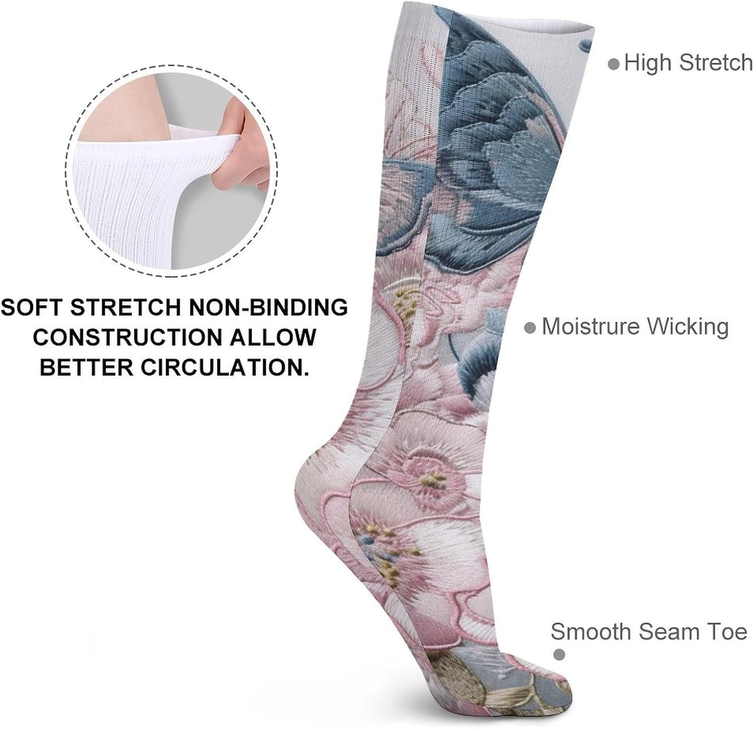 Breathable Crew Sock, Moisture Wicking, Athletic Calf Socks, Cozy | Beautiful Butterfly Pattern Compression Socks for Women Men, Lightweight High Work Socks for Business, Casual