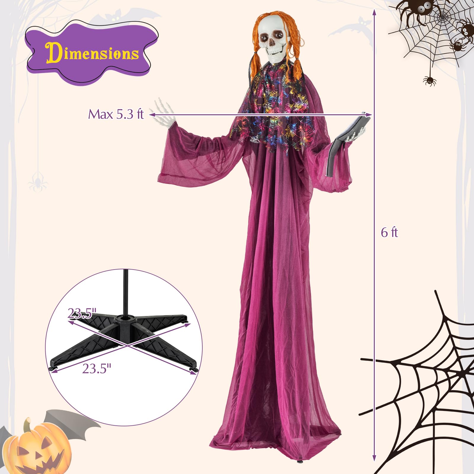 Tangkula Scheletro animatronico di Halloween con libro, spaventoso puntello animato con suoni ululanti, occhi rossi lampeggianti e braccia posizionabili, decorazione di Halloween in piedi per veranda