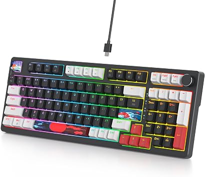 98 Key Gasket Gaming Keyboard Wired Creamy Keyboard Custom Mechanical Keyboard with Hot Swappable Red Switch Knob Control Black
