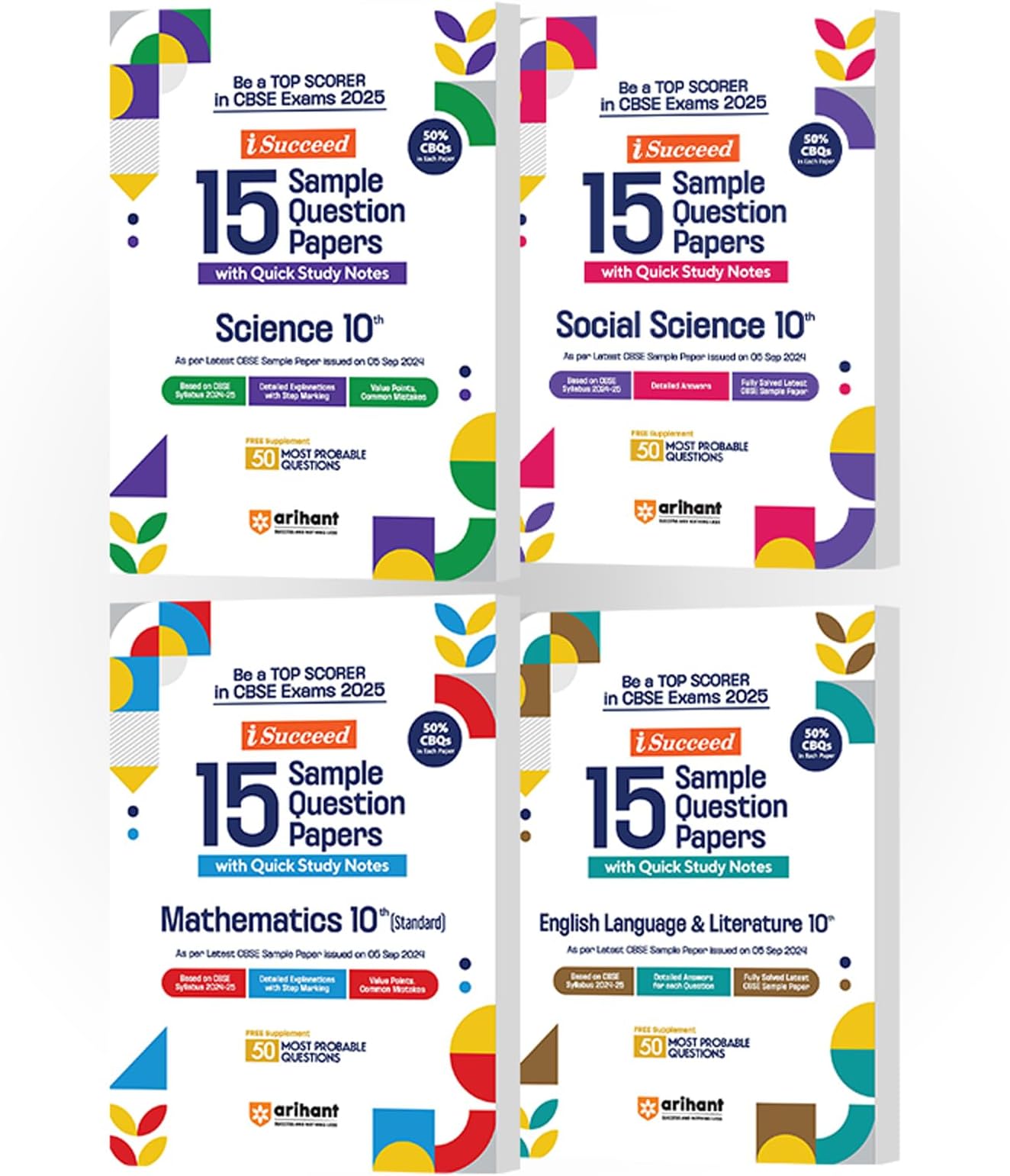 (Old Edition) Arihant I-Succeed CBSE Sample Paper Class 10th (2024-2025) Science, Social Science, Maths Standard & English Language | Combo Set of 4 Books for Exam 2025