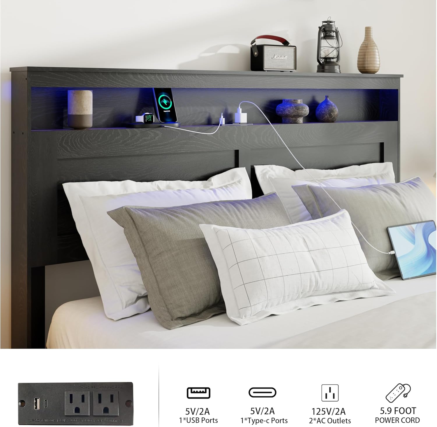 King Size Wooden Bed Frame with Headboard, Rustic Farmhouse Wooden Bedframe with LED Lights and Charging Station, Easy Assembly, No Box Spring Needed (Black, King)