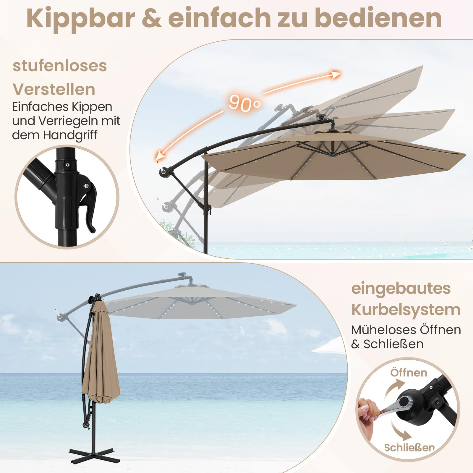 COSTWAY Parasol przeciwsłoneczny 300 cm ze stojakiem i diodami LED, z korbą, parasol ogrodowy, ochrona przed promieniowaniem UV, parasol na taras, do ogrodu, na basen, taras