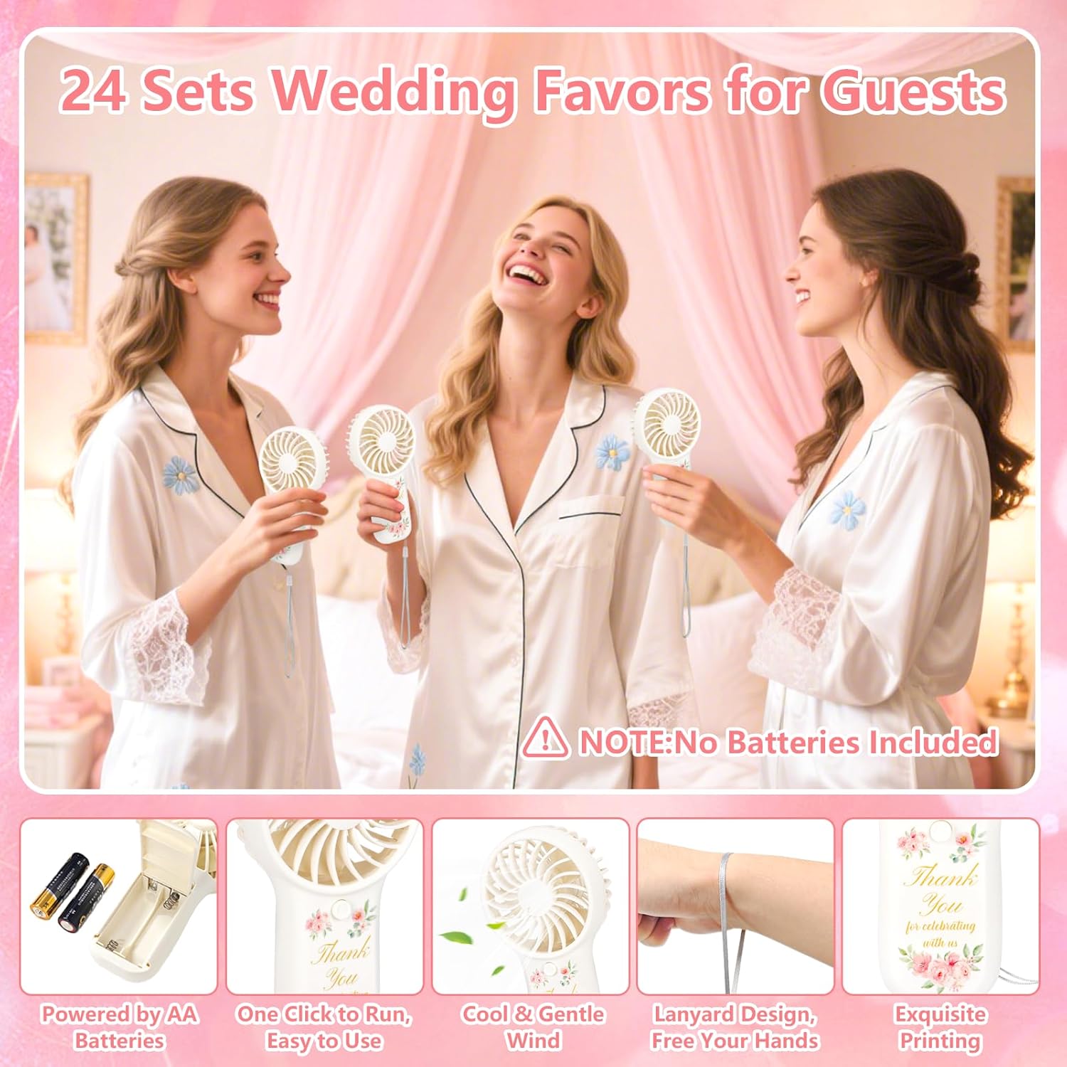 24pcs Wedding Favors Bulk Battery Fans for Guests, Mini Personal Handheld Fans for Wedding Baby Shower to Cool Guests Indoor Outdoor Summer Party(Battery Not Include)(24, Floral White)