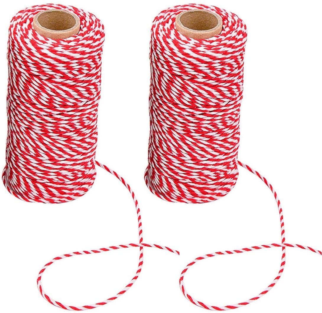 RstEDame Cotton Bakers Twine, 2 Rolls Red and White Twines Packing Rope String for Butchers DIY Crafts Gift Wrapping Baking Gardening Home Decoration, 1.5mm * 20m